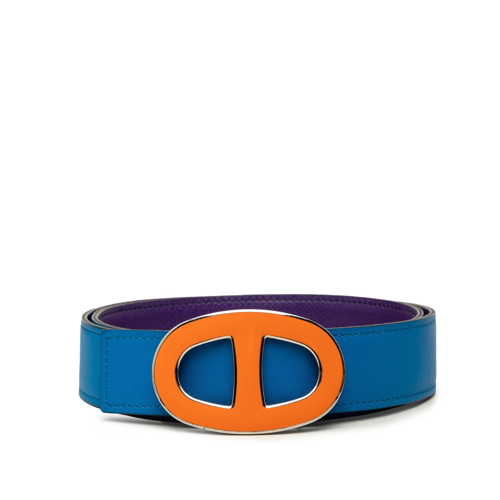 Hermes Chain de Ancre Reversible Leather Belt Blue: Hermes Chain de Ancre Reversible Leather Belt Blue Hermes Chain de Ancre reversible belt crafted in Swift and Epsom leather with a blue colorway. The design features a metal buckle with enamel detail 