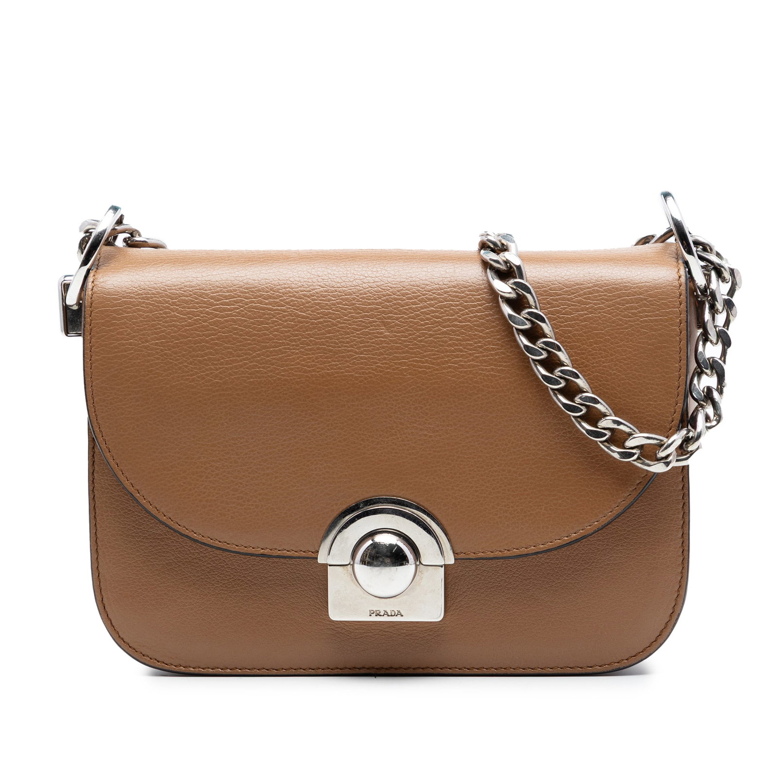 Prada Arcade Crossbody Bag in Brown Glace Calf Leather: Prada Arcade Crossbody Bag in Brown Glace Calf Leather Prada Arcade crossbody bag crafted in brown glace calf leather. It features a chain link strap with a leather guard, a front flap with clasp clos