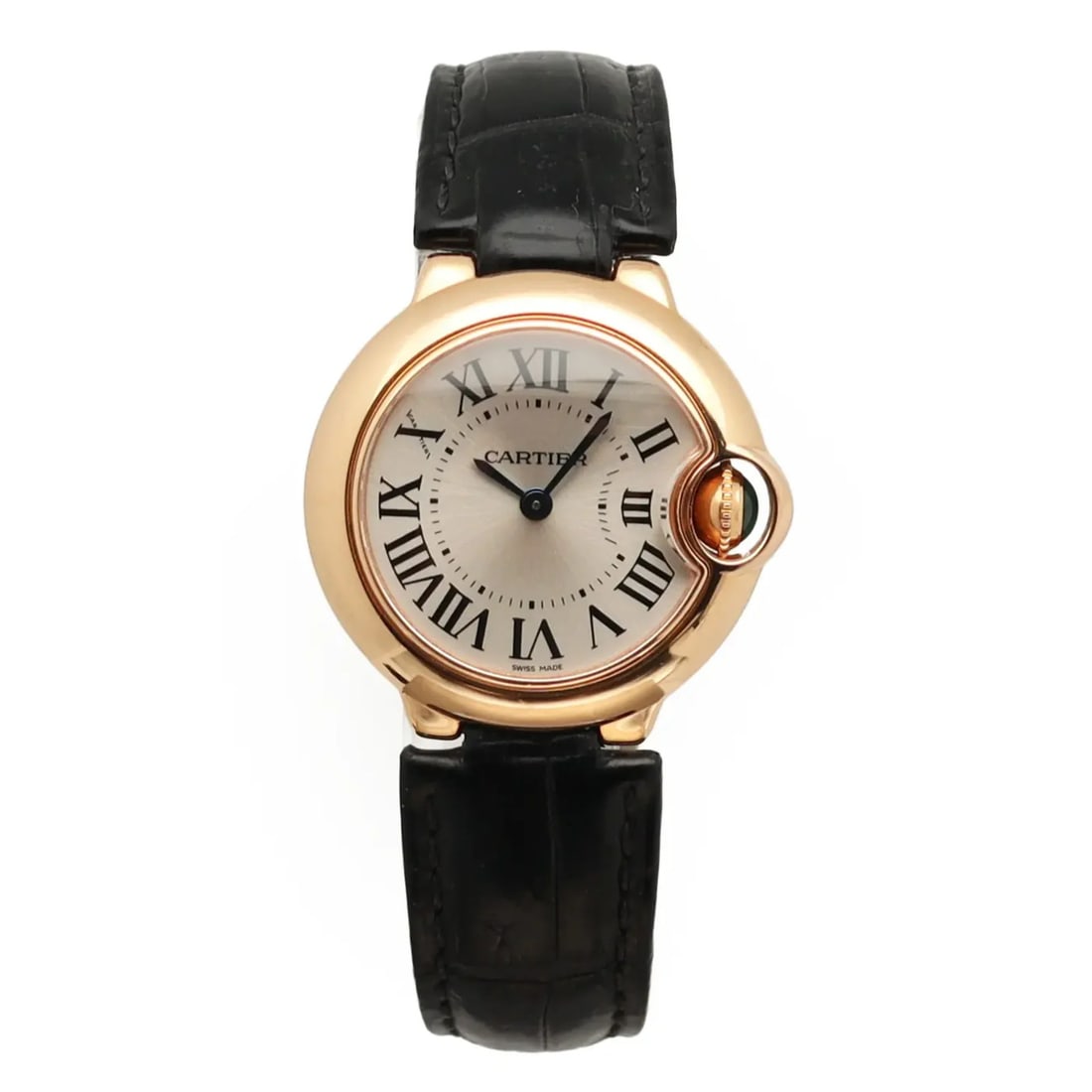 Cartier Ballon Bleu womens quartz watch 28mm rose gold silver dial: Cartier Ballon Bleu womens quartz watch 28mm rose gold silver dial Pre-owned Cartier Ballon Bleu ladies wristwatch with a silver dial and quartz movement. This luxury watch features Roman numeral hour