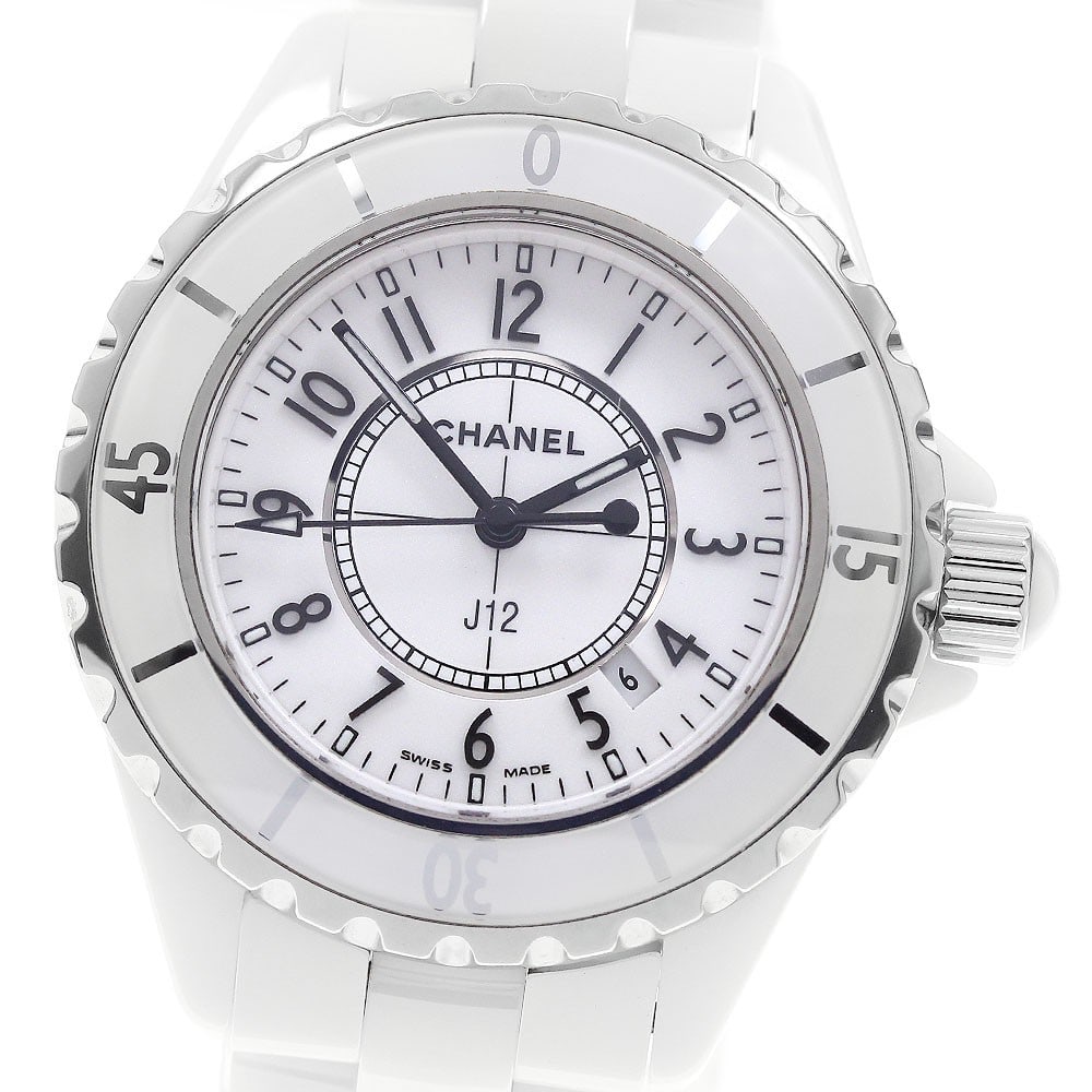 CHANEL J12 H0968 33mm Ladies Quartz Watch White Ceramic Date: CHANEL J12 H0968 33mm Ladies Quartz Watch White Ceramic Date Chanel J12 ladies wristwatch featuring a white dial, date display, and quartz movement. This Swiss-made watch has a ceramic and stainless s