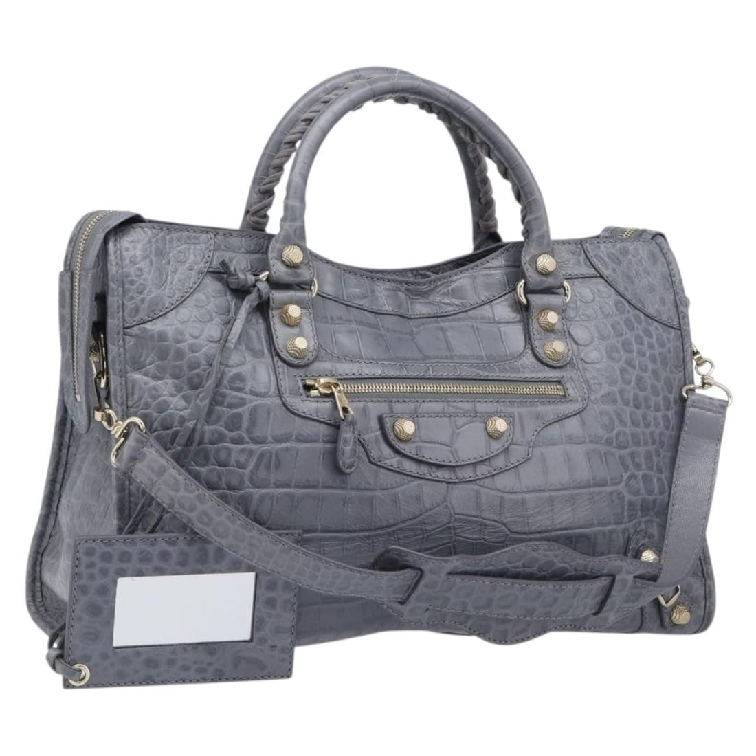 BALENCIAGA Giant City 2way Hand Bag Gray Leather 281770: BALENCIAGA Giant City 2way Hand Bag Gray Leather 281770 Balenciaga The Giant City Bag in gray embossed leather with gold-tone detailing. This 2-way women's handbag is made in Italy and includes a shou
