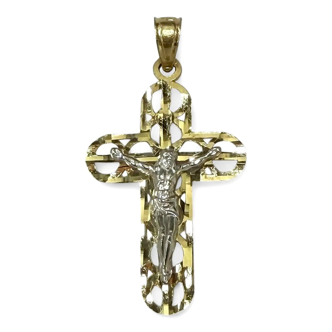 Rachel Koen 14K Two Tone Gold Crucifix Cross Pendant: Rachel Koen 14K Two Tone Gold Crucifix Cross Pendant Pre-owned small crucifix filigree cross pendant in 14K yellow and white gold. This two-tone pendant has a minimalist design and is handmade. It com