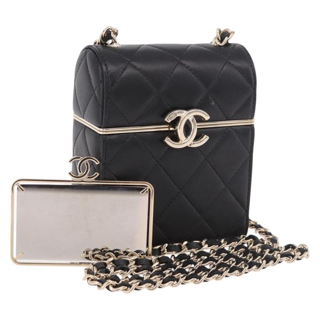CHANEL Matelasse Lamb Skin Shoulder Bag Black Gold CC: CHANEL Matelasse Lamb Skin Shoulder Bag Black Gold CC Compact CHANEL Matelasse chain shoulder bag in black lamb skin with gold-tone CC detailing. Made in France, this women's shoulder bag includes a g