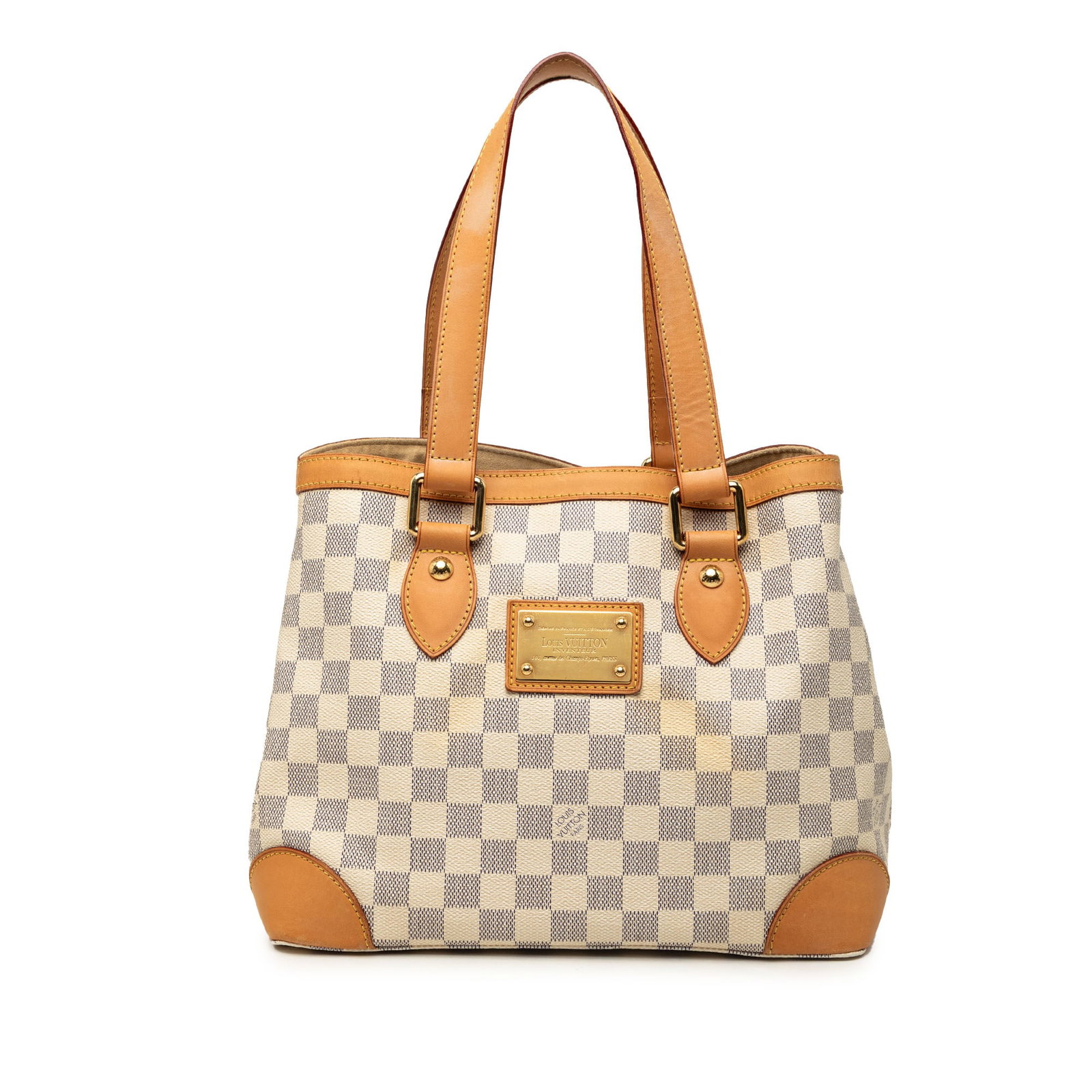 Louis Vuitton Hampstead PM Damier Azur Shoulder Bag: Louis Vuitton Hampstead PM Damier Azur Shoulder Bag This Louis Vuitton Hampstead PM tote is crafted in Damier Azur canvas with vachetta leather trim and flat vachetta straps. The bag features an open 