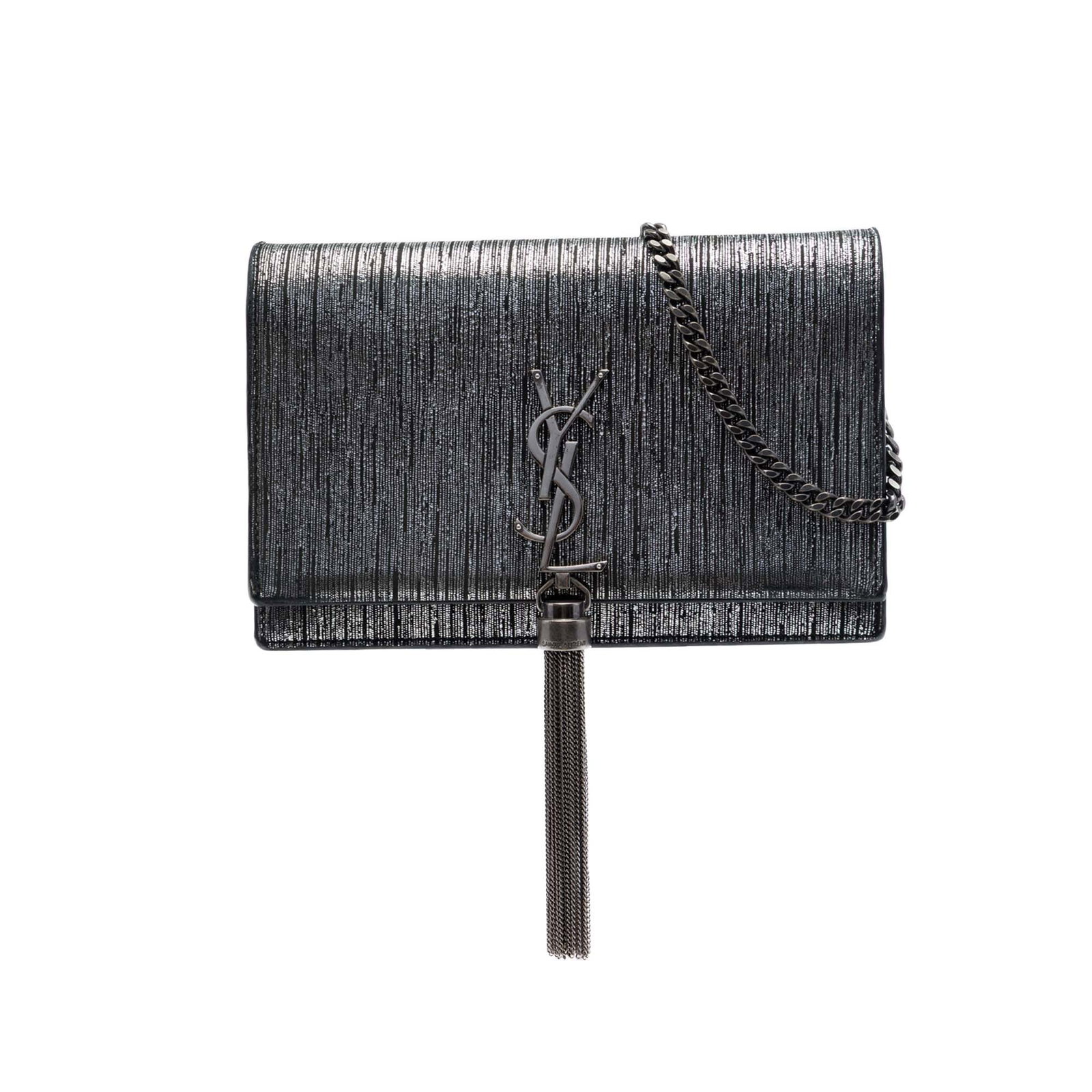 Saint Laurent Kate Tassel Wallet on Chain in Metallic Suede: Saint Laurent Kate Tassel Wallet on Chain in Metallic Suede Saint Laurent Metallic Suede Monogram Kate Tassel Wallet on Chain in silver with a metallic suede body and tassel detail. This crossbody sty