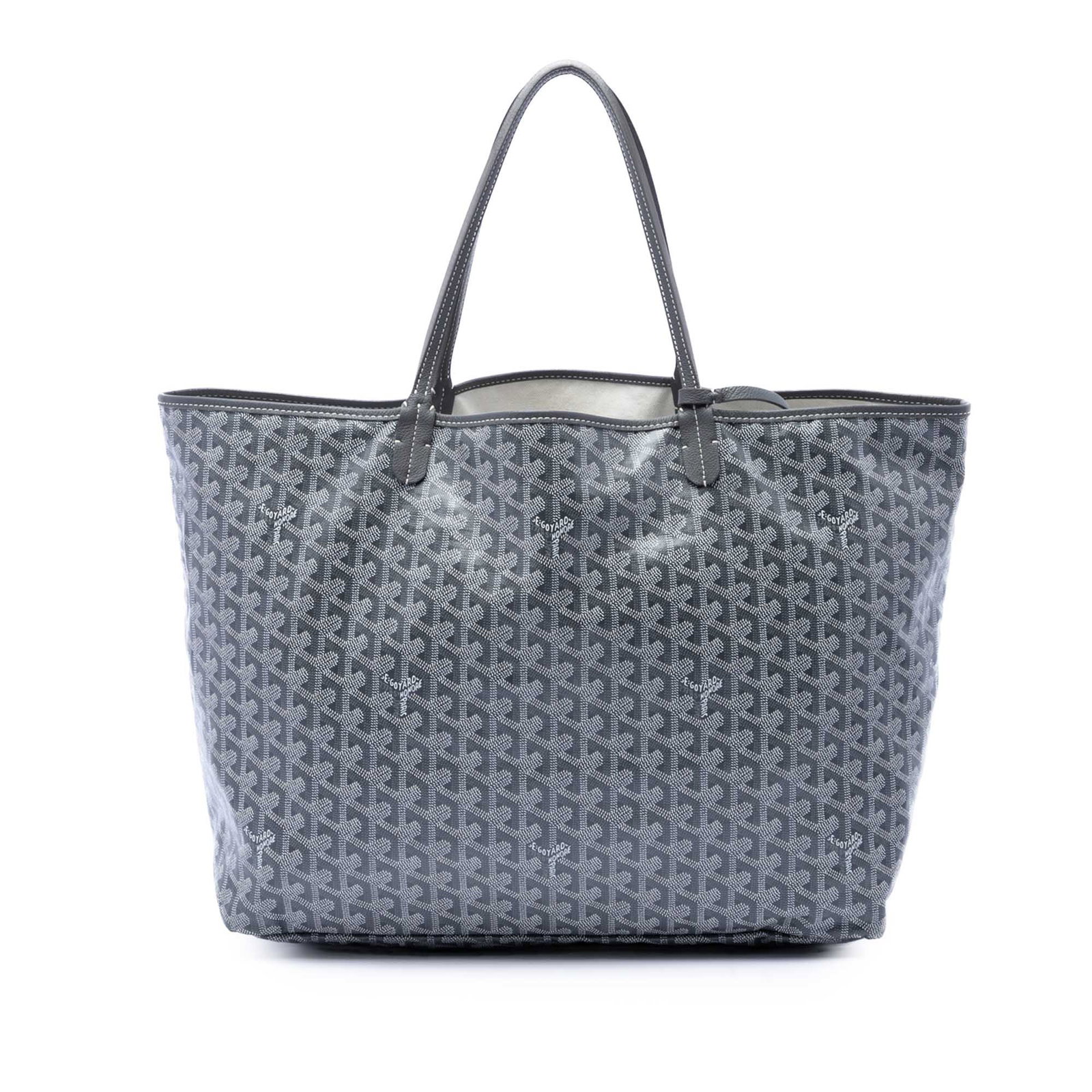 Goyard Saint Louis GM Gray Coated Canvas Tote Bag: Goyard Saint Louis GM Gray Coated Canvas Tote Bag The Goyardine Saint Louis GM is a gray bag with a coated canvas body, leather trim, flat leather handles, an open top, and an included flap pouch. Con