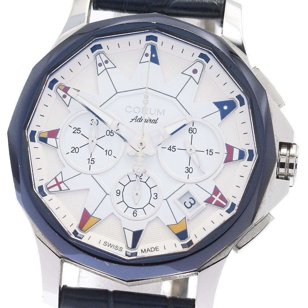 CORUM Admiral's Cup Legend 42 Automatic Chronograph Watch Ref 01.0096: CORUM Admiral's Cup Legend 42 Automatic Chronograph Watch Ref 01.0096 CORUM Admiral's Cup Legend 42 chronograph automatic men's wristwatch with a white dial, stainless steel case, and leather strap. F