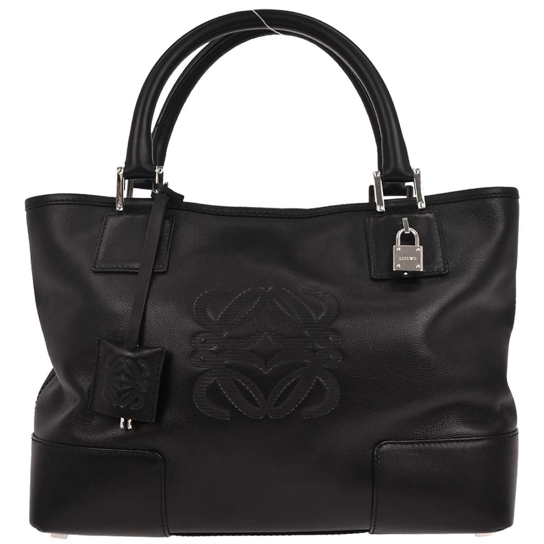 Loewe Medium Black Leather Tote Bag with Padlock and Keys: Loewe Medium Black Leather Tote Bag with Padlock and Keys Black Loewe tote handbag in leather with an open closure and double handles. It features inner pockets, a black lining, and a medium size prof