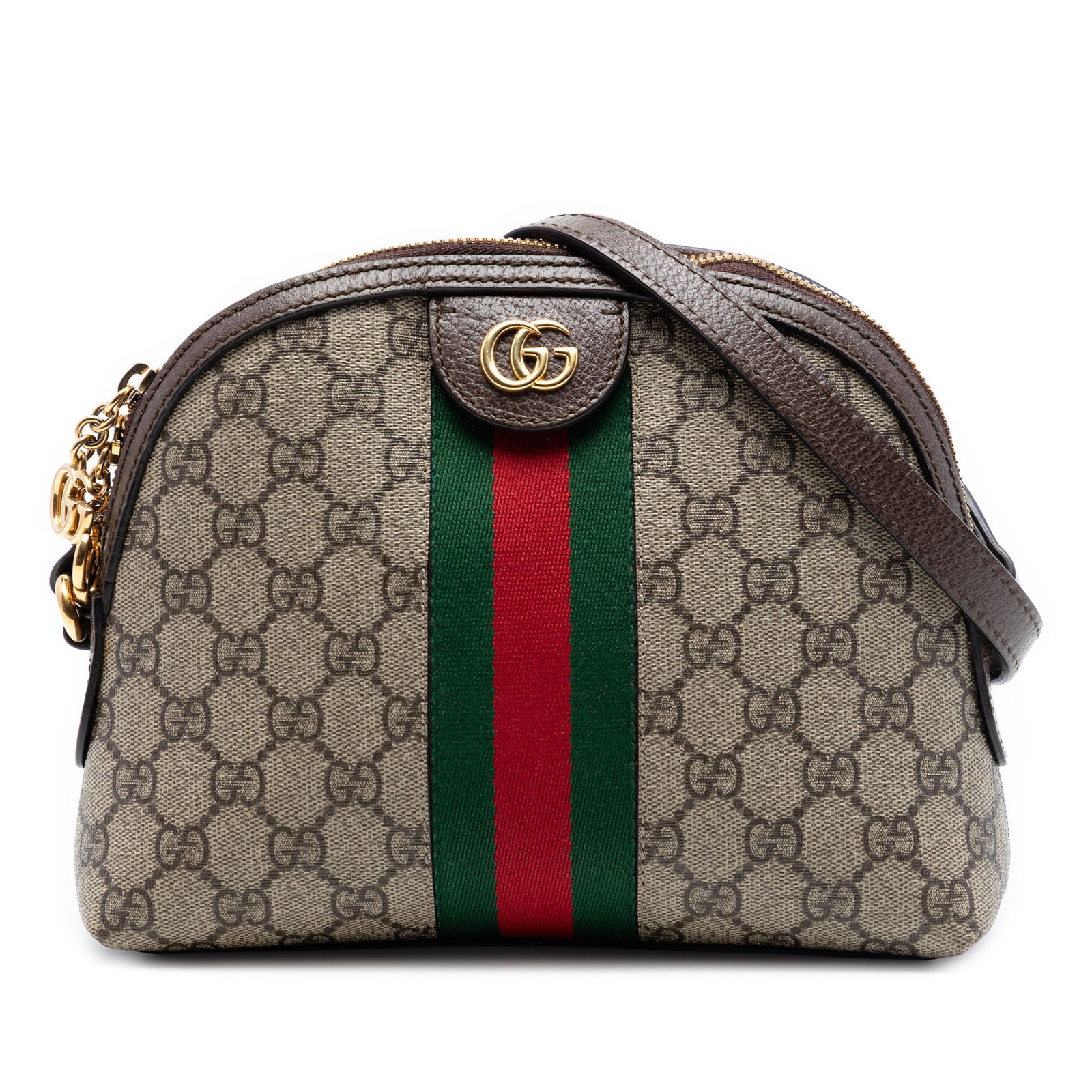 Gucci Ophidia Small Dome Crossbody in GG Supreme Canvas: Gucci Ophidia Small Dome Crossbody in GG Supreme Canvas Gucci Ophidia dome crossbody bag crafted with a coated canvas body, leather trim, and the signature front web detail. It features an adjustable 