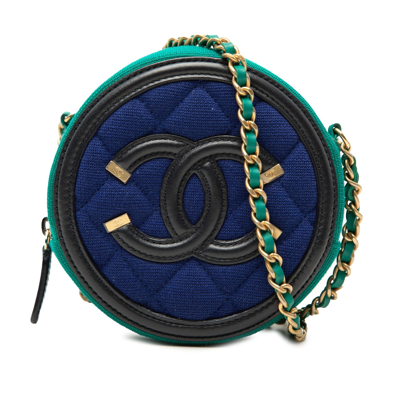 Chanel Filigree Round Crossbody Bag in Tricolor Jersey: Chanel Filigree Round Crossbody Bag in Tricolor Jersey Round Chanel Filigree crossbody bag in tricolor quilted jersey with leather trim. It features a leather-woven chain strap, top zip closure, and i