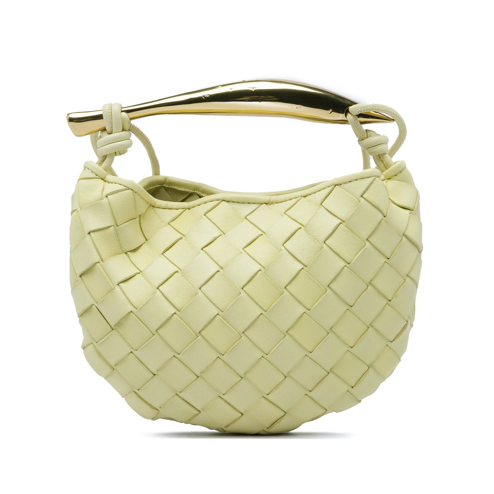 Yellow Leather Satchel Bottega Veneta Mini Sardine Intrecciato: Yellow Leather Satchel Bottega Veneta Mini Sardine Intrecciato Mini Sardine satchel crafted in woven nappa leather with a gold-tone metal handle and an open top with magnetic closure. Made in Italy in