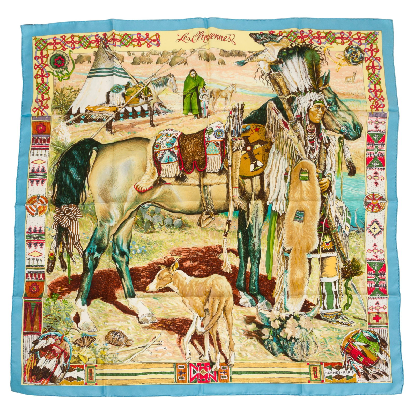 Hermes Les Cheyennes Light Blue Silk Twill Scarf by Kermit Oliver: Hermes Les Cheyennes Light Blue Silk Twill Scarf by Kermit Oliver This exquisite Hermes Les Cheyennes scarf is a true testament to luxury and style. Crafted from fine light blue silk twill, this scarf