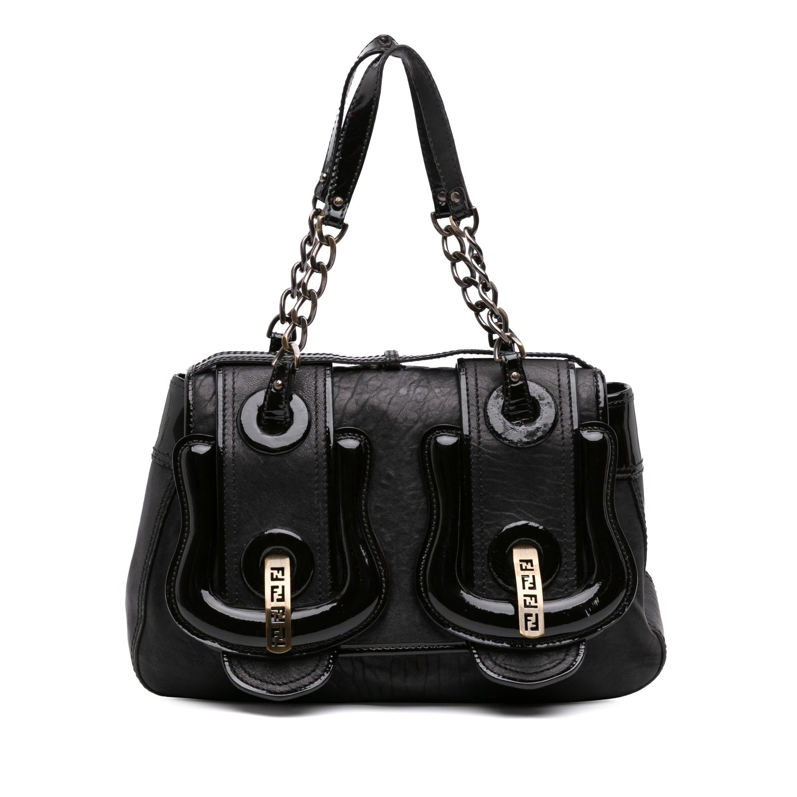 Fendi B Bag medium black leather top handle handbag: Fendi B Bag medium black leather top handle handbag Fendi Medium Leather B Bag top handle bag crafted in black leather with patent leather trim. The design features flat leather handles with chain lin