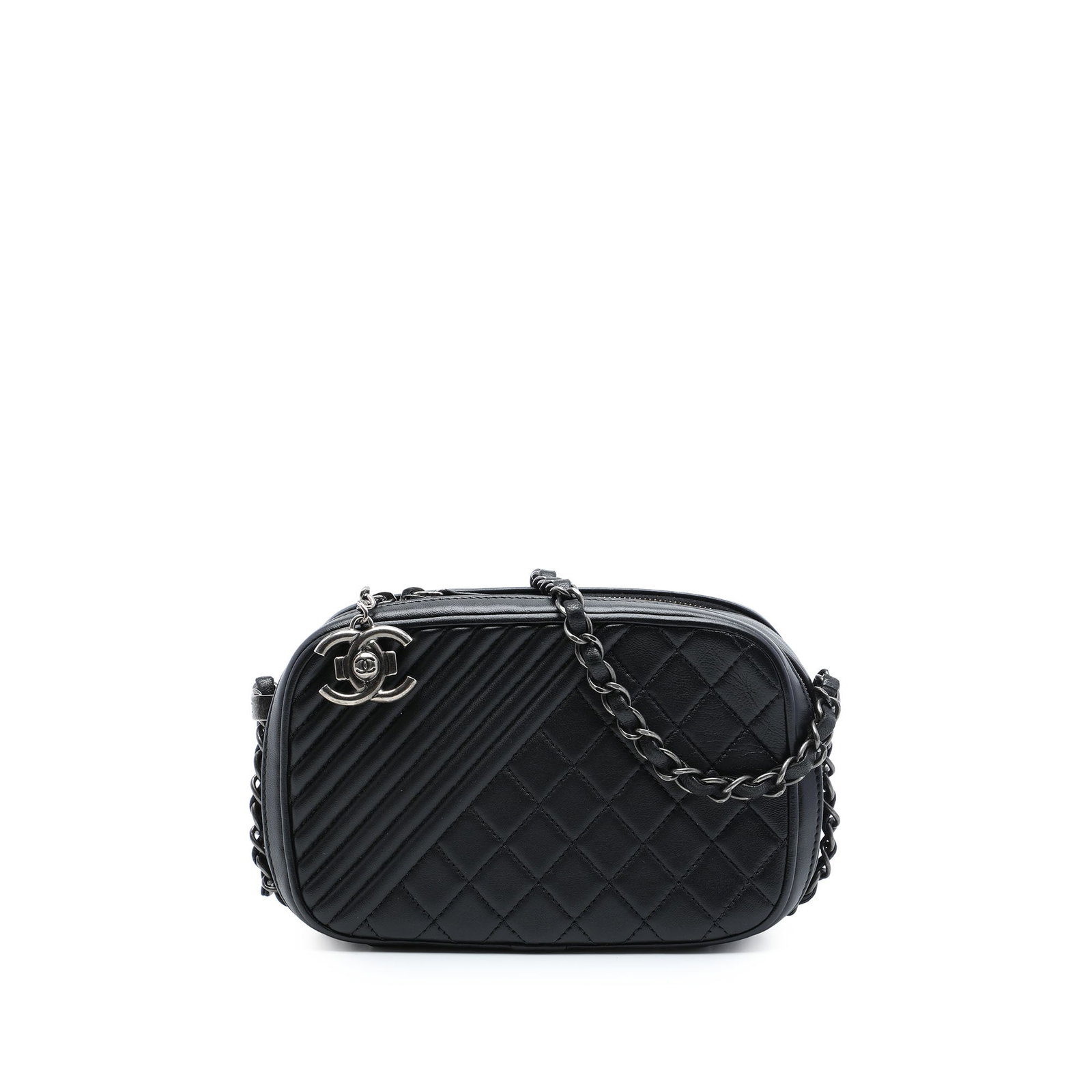Chanel Coco Boy Small Camera Bag in Black Quilted Lambskin: Chanel Coco Boy Small Camera Bag in Black Quilted Lambskin A compact Chanel Coco Boy Camera Bag crafted in black quilted lambskin leather. This shoulder bag features a leather-woven chain link strap w