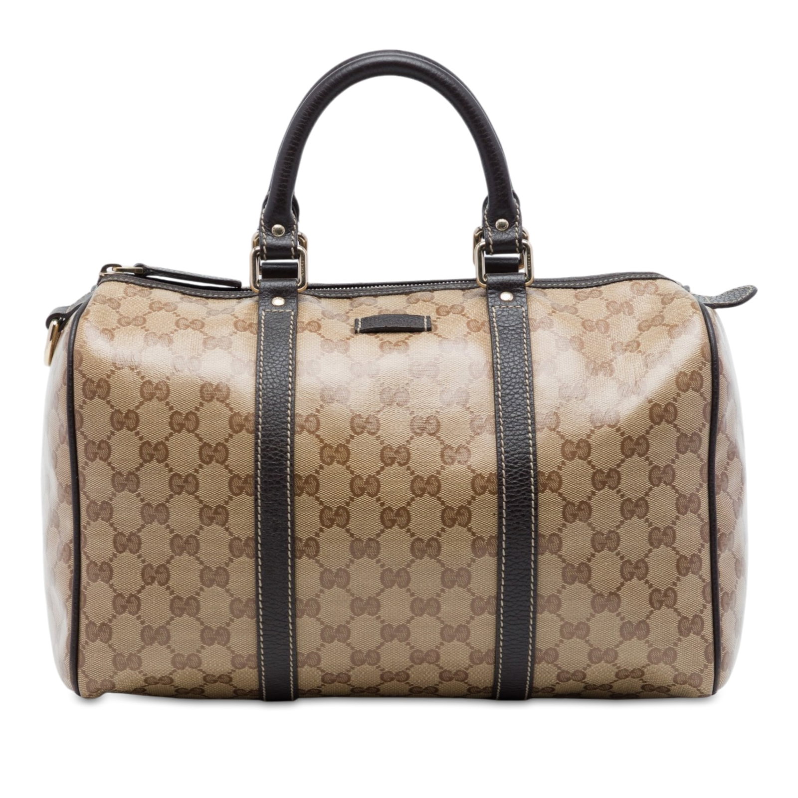 Gucci GG Crystal Joy Medium Boston Bag Beige Coated Canvas: Gucci GG Crystal Joy Medium Boston Bag Beige Coated Canvas A Gucci Medium GG Crystal Joy Boston Bag in beige with a coated canvas body and leather trim. It features rolled leather handles, a top zip c
