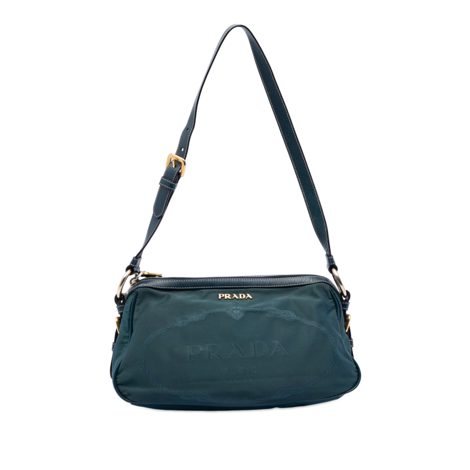 Prada blue nylon saffiano trim shoulder bag: Prada blue nylon saffiano trim shoulder bag This Prada Tessuto Canapa Logo Shoulder Bag features a durable nylon body accented with saffiano leather trim. It includes an adjustable flat saffiano leath