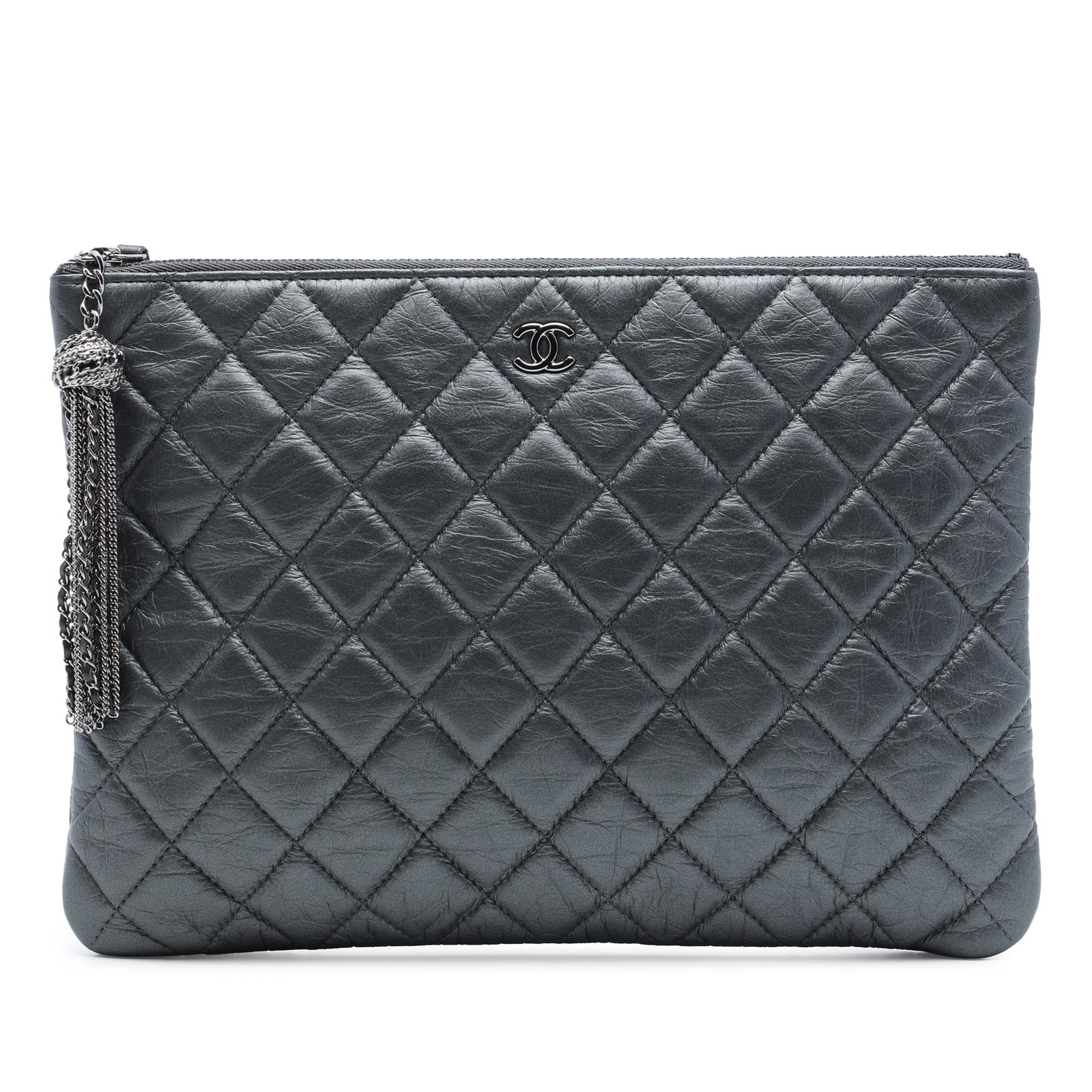 Chanel O Case Medium Gray Quilted Aged Calfskin Clutch: Chanel O Case Medium Gray Quilted Aged Calfskin Clutch A Chanel O Case clutch in gray quilted aged calfskin with chain tassel zipper pulls. This clutch features a top zip closure, an exterior back sli