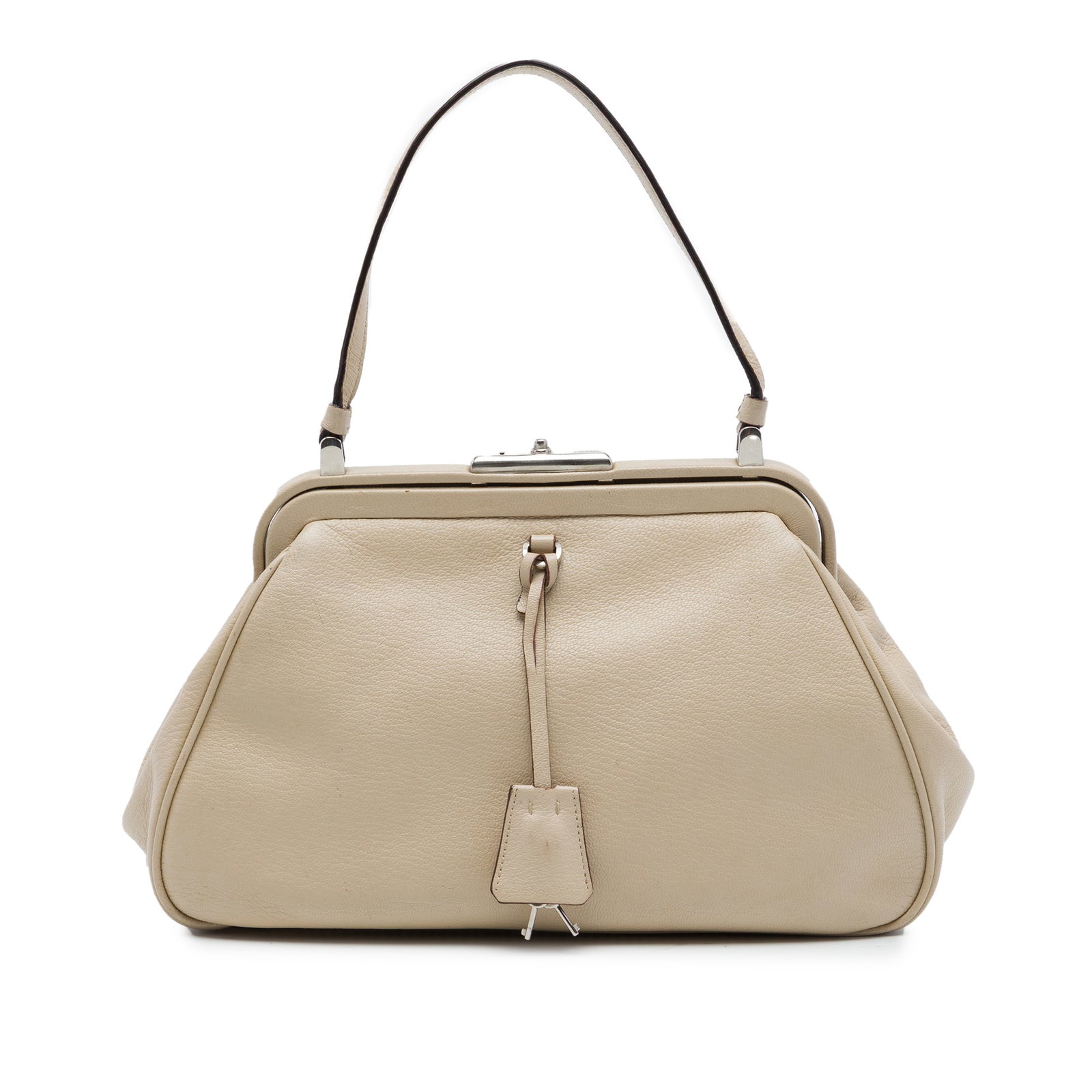 Prada Cerniera Frame Handbag Beige Goatskin Leather: Prada Cerniera Frame Handbag Beige Goatskin Leather Prada Cerniera frame handbag in beige goatskin leather with a structured frame silhouette. It features a flat leather handle, a hanging clochette wi