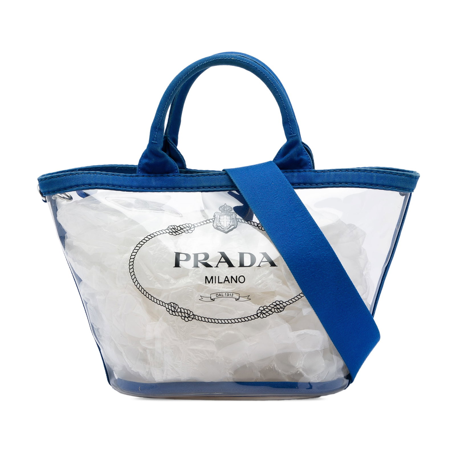 Prada Canapa Logo Tote Blue PVC Satchel with Strap: Prada Canapa Logo Tote Blue PVC Satchel with Strap Prada PVC Canapa Logo Tote in blue with a PVC body and canvas trim. This satchel-style bag features rolled canvas handles, a detachable flat strap, a