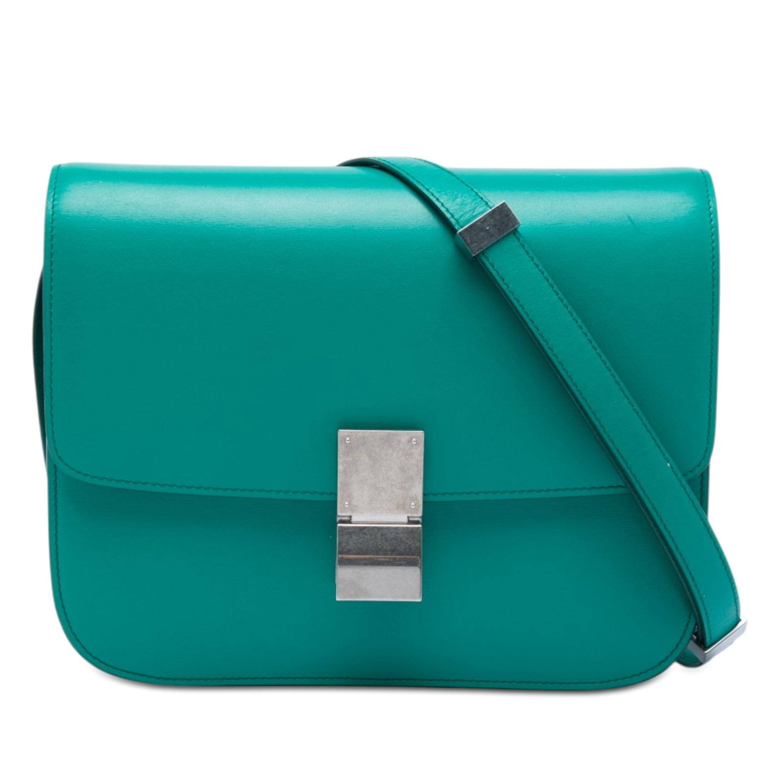 Celine Classic Box Medium Blue Leather Crossbody Bag: Celine Classic Box Medium Blue Leather Crossbody Bag Celine Medium Calfskin Classic Box crossbody bag in blue leather with a structured silhouette and detachable flat strap. The design features a fron