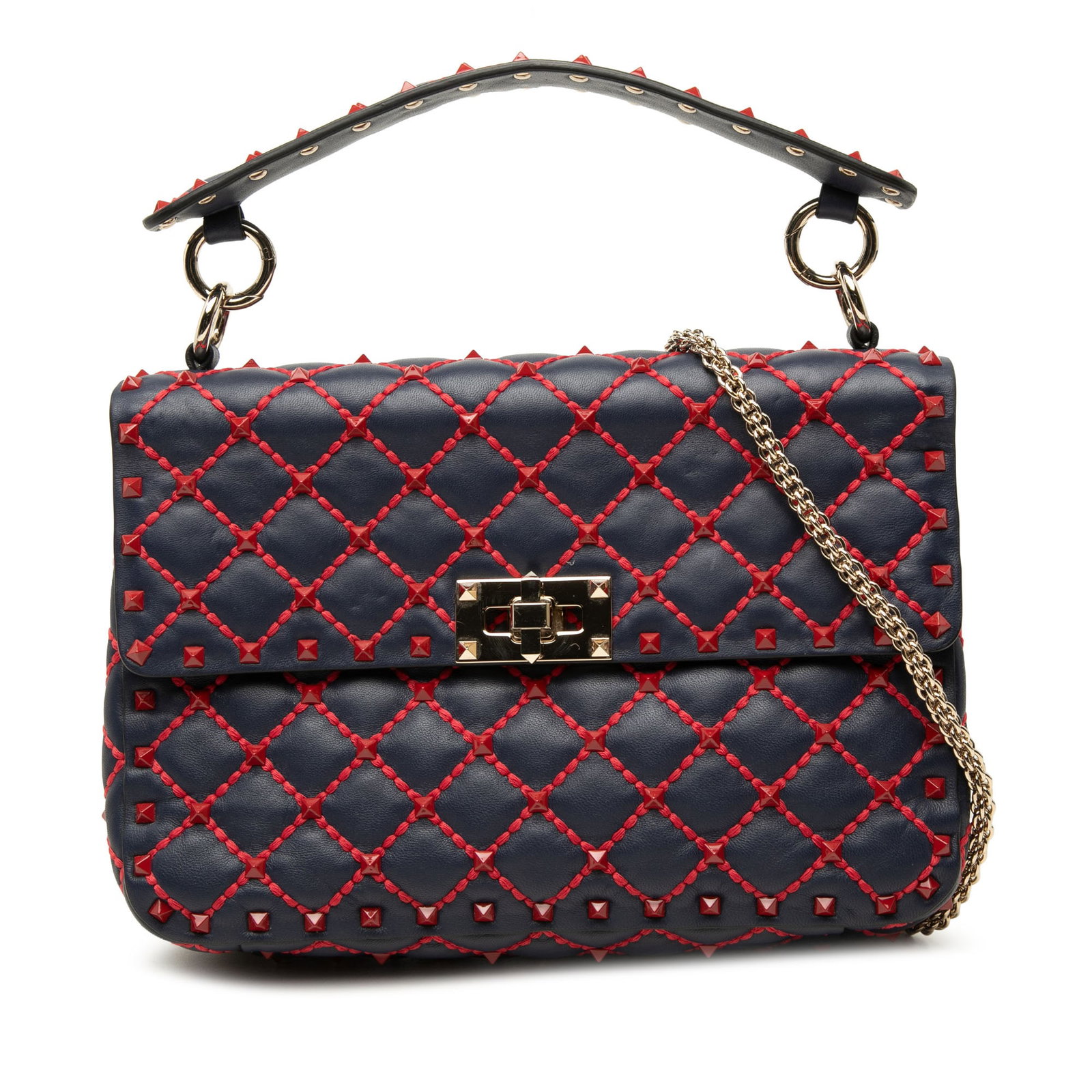 Valentino Rockstud Spike Medium Nappa Leather Satchel Blue: Valentino Rockstud Spike Medium Nappa Leather Satchel Blue Valentino Medium Nappa Rockstud Spike Satchel in blue leather with a quilted and studded design. This satchel features a flat leather top han