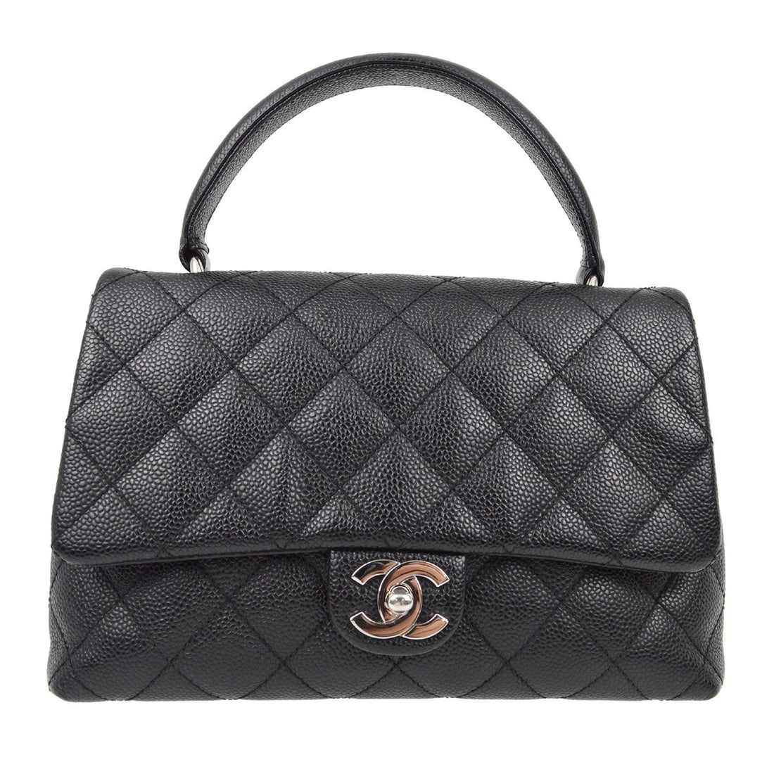 CHANEL Classic Flap Top Handle Bag Black Caviar Leather: CHANEL Classic Flap Top Handle Bag Black Caviar Leather Chanel top handle handbag in black caviar skin leather with a black handle, turn-lock closure, and lambskin lining. The bag features one exterio