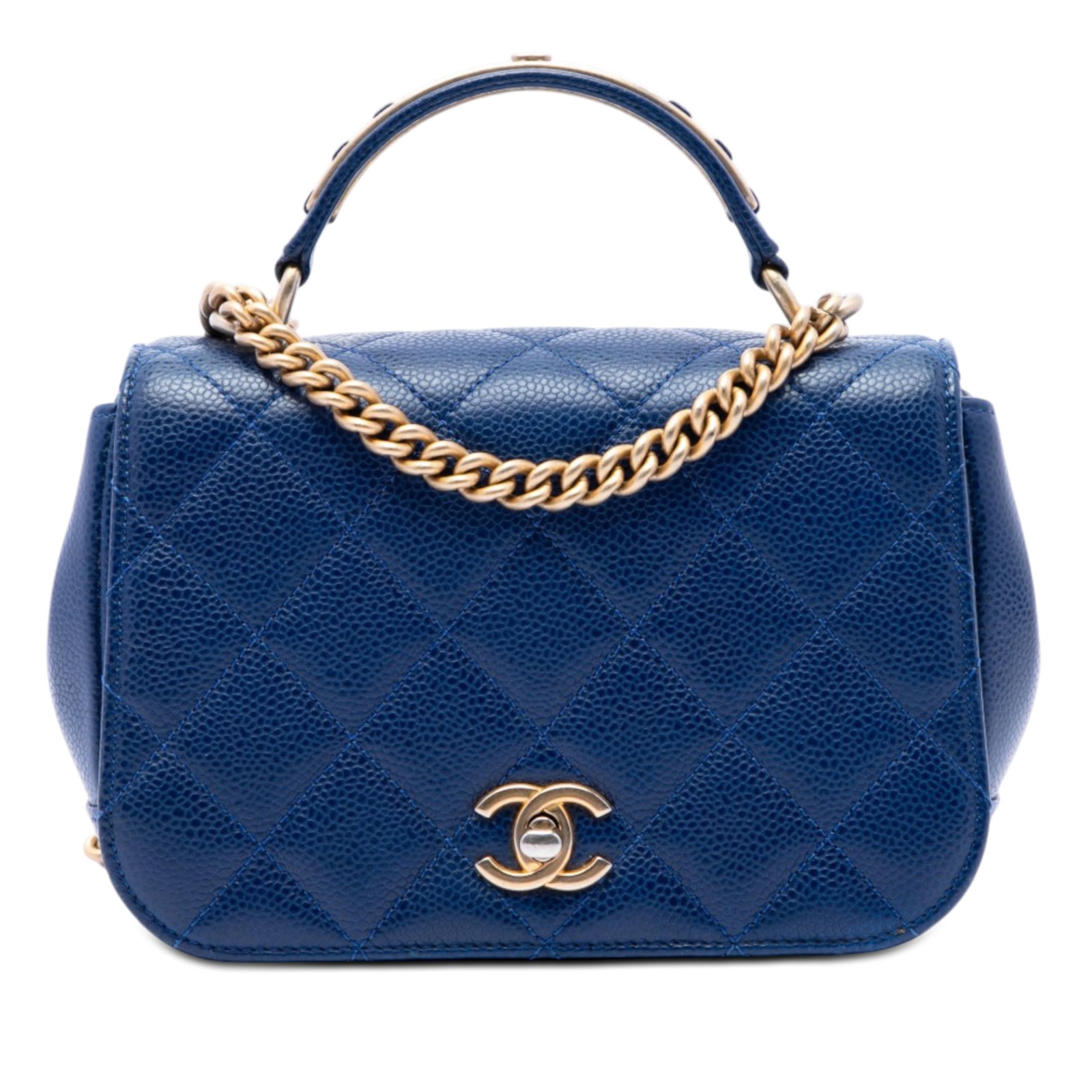 Chanel Carry Around Mini Flap Blue Quilted Caviar Leather Bag: Chanel Carry Around Mini Flap Blue Quilted Caviar Leather Bag A compact Chanel Carry Around flap bag crafted in blue quilted caviar leather. This satchel-style design features a flat leather top handl