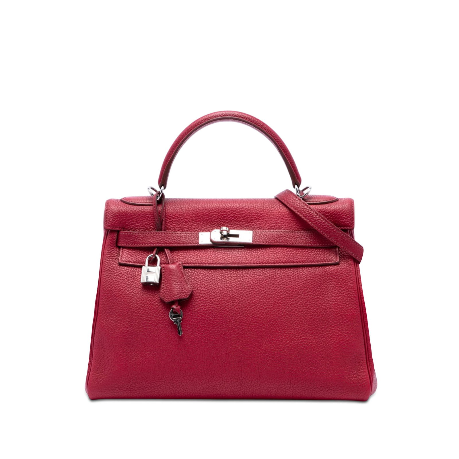 Hermes Kelly II Retourne 32 Togo Leather Shoulder Bag: Hermes Kelly II Retourne 32 Togo Leather Shoulder Bag A Hermes Kelly II Retourne 32 crafted in Rouge Grenat Togo leather. This handbag features a flat leather top handle, a detachable flat leather str
