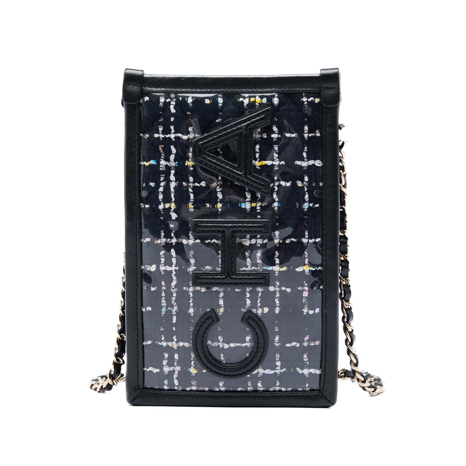 Chanel Phone Pouch Crossbody in Tweed and PVC with Chain: Chanel Phone Pouch Crossbody in Tweed and PVC with Chain A Chanel phone pouch crafted with a PVC-covered tweed body and leather trim. This crossbody style features a leather-woven chain strap, an open