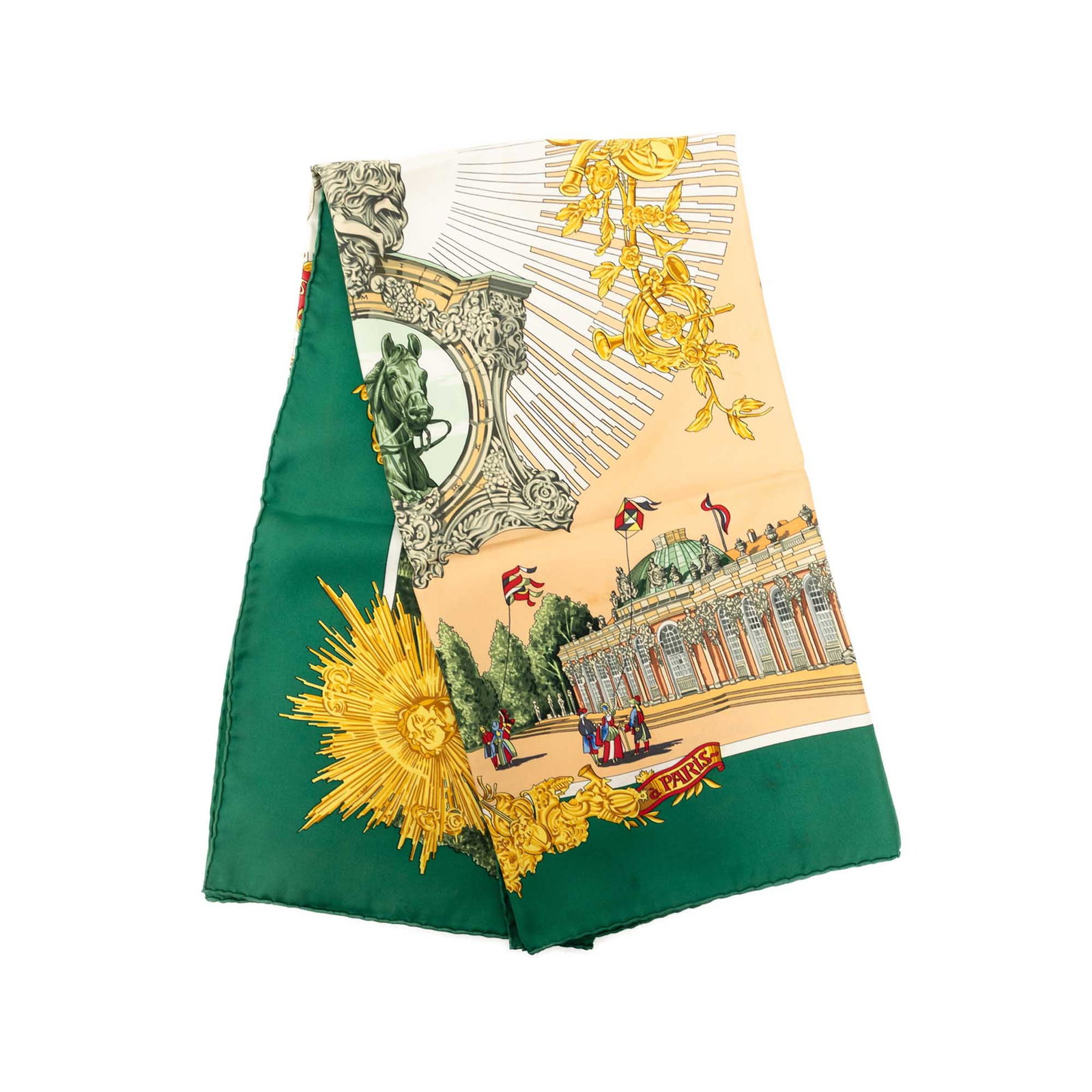 Hermes Sanssoucy 90 Silk Scarf Green France: Hermes Sanssoucy 90 Silk Scarf Green France Hermes Sanssoucy Silk Scarf 90 in green, crafted from 100% silk and made in France. This scarf features the Sanssoucy print and remains a refined accessory 