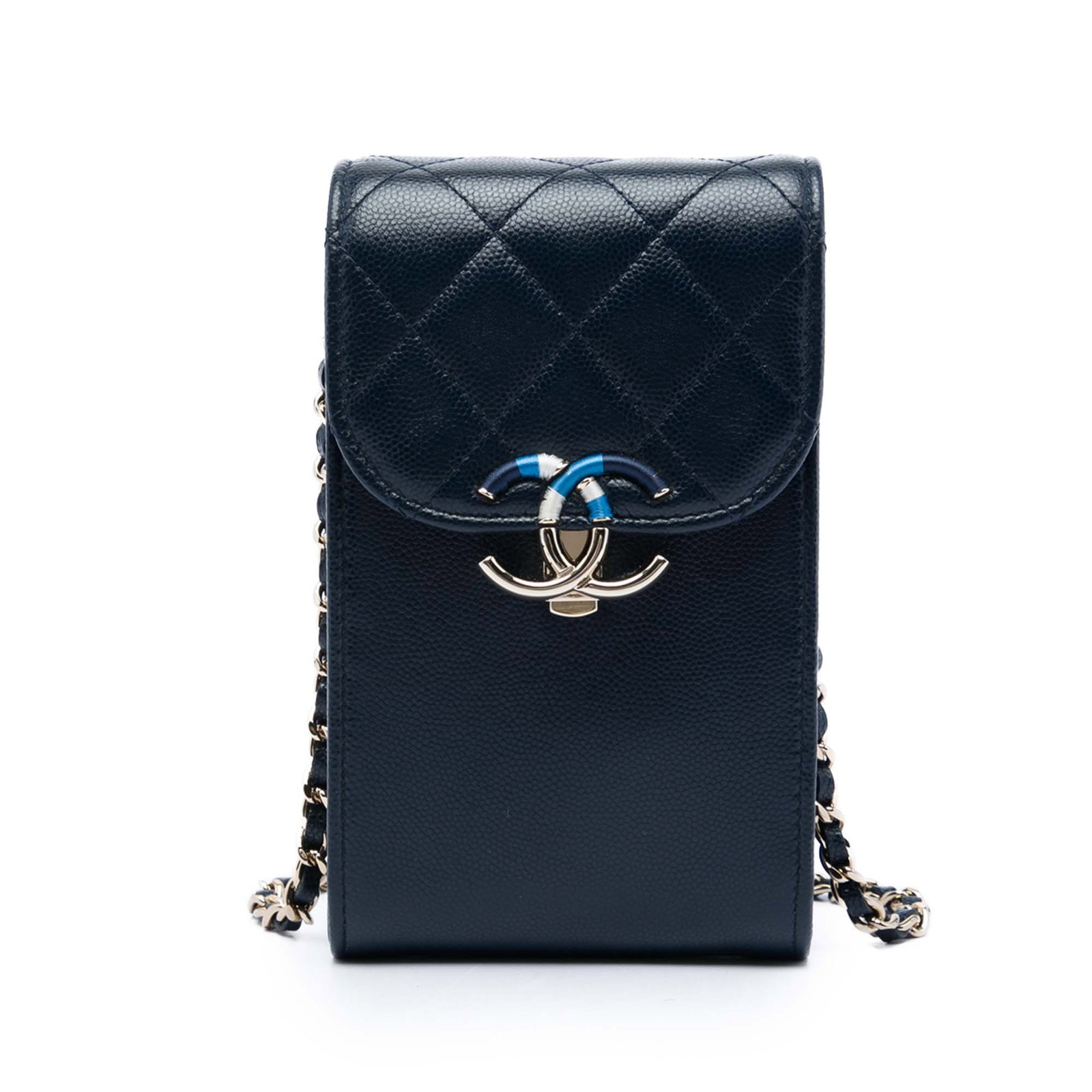 Chanel Thread Around Phone Holder Crossbody in Blue Caviar Leather: Chanel Thread Around Phone Holder Crossbody in Blue Caviar Leather A compact Chanel phone holder crafted in blue quilted caviar leather with a leather-woven chain strap for crossbody wear. The design 