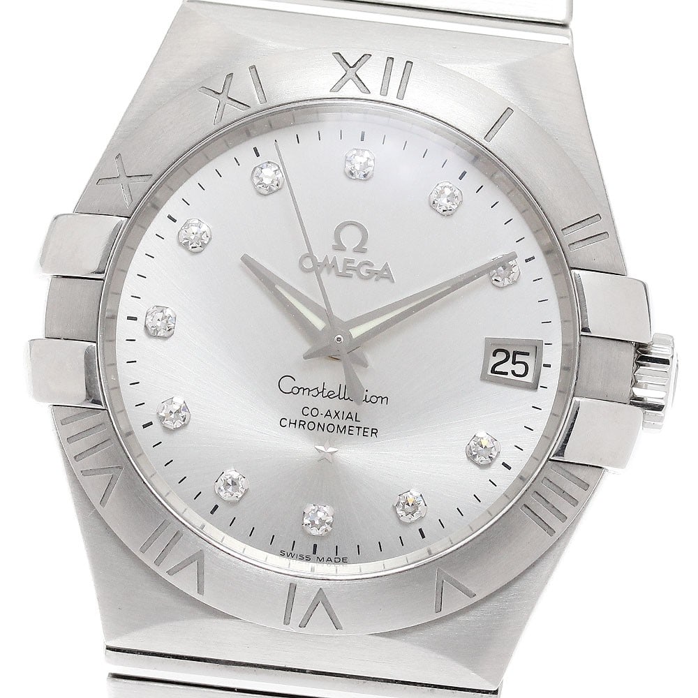 OMEGA Constellation Date Automatic 35mm Mens Steel Watch 123.10.35.20.52.001: OMEGA Constellation Date Automatic 35mm Mens Steel Watch 123.10.35.20.52.001 OMEGA Constellation Date men's wristwatch with an automatic movement and silver dial featuring 11P diamond accents. This st