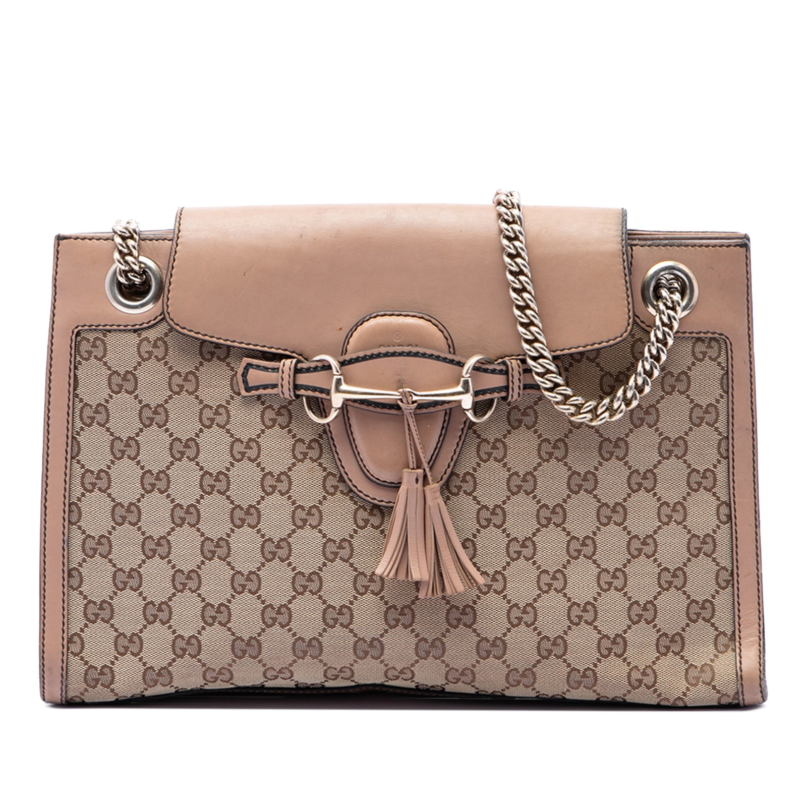 Gucci Emily Large GG Canvas Shoulder Bag Beige: Gucci Emily Large GG Canvas Shoulder Bag Beige A Gucci Large GG Canvas Emily shoulder bag crafted in beige canvas with leather trim. This shoulder bag features curb chain straps with leather shoulder 