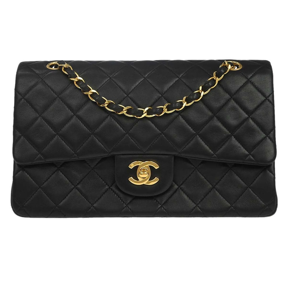 CHANEL Classic Double Flap Medium Lambskin Shoulder Bag Black: CHANEL Classic Double Flap Medium Lambskin Shoulder Bag Black Chanel Medium Classic Double Flap shoulder bag in black lambskin leather with a turn-lock closure and shoulder strap. This women's bag is 