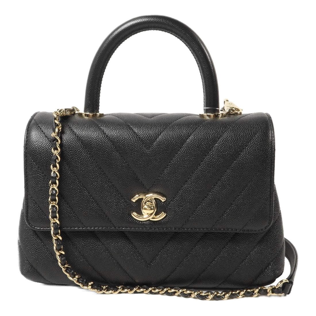CHANEL A92990 Coco Handle 2way Shoulder Bag Black Calfskin GHW: CHANEL A92990 Coco Handle 2way Shoulder Bag Black Calfskin GHW Elegant and compact, this Chanel Coco Handle 2-way shoulder bag is crafted in black calfskin leather and features the signature CC turn-l