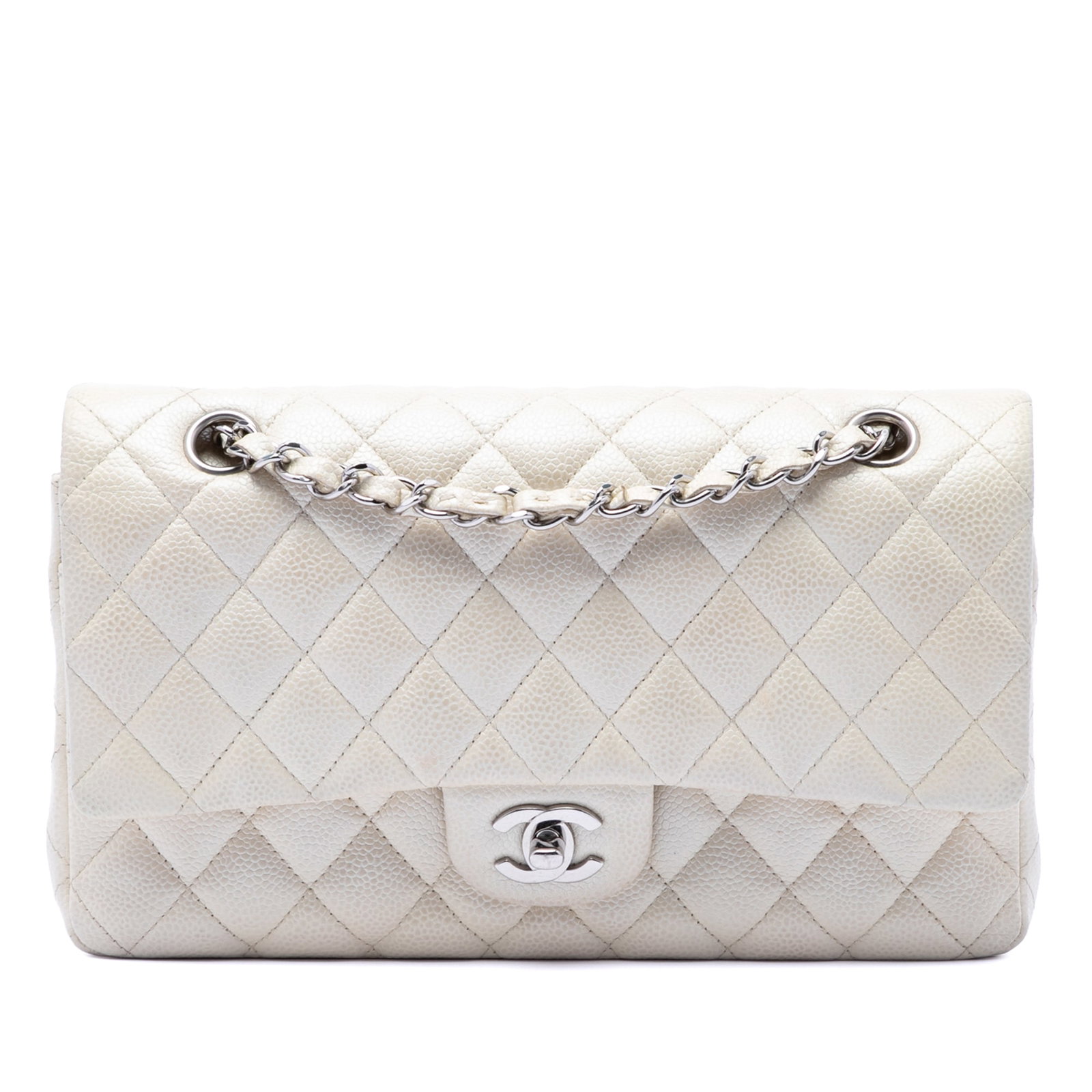 Chanel Medium Classic Double Flap Shoulder Bag White Caviar Leather: Chanel Medium Classic Double Flap Shoulder Bag White Caviar Leather A Chanel Medium Classic Caviar Double Flap shoulder bag crafted in white quilted leather. It features leather-woven chain straps, do