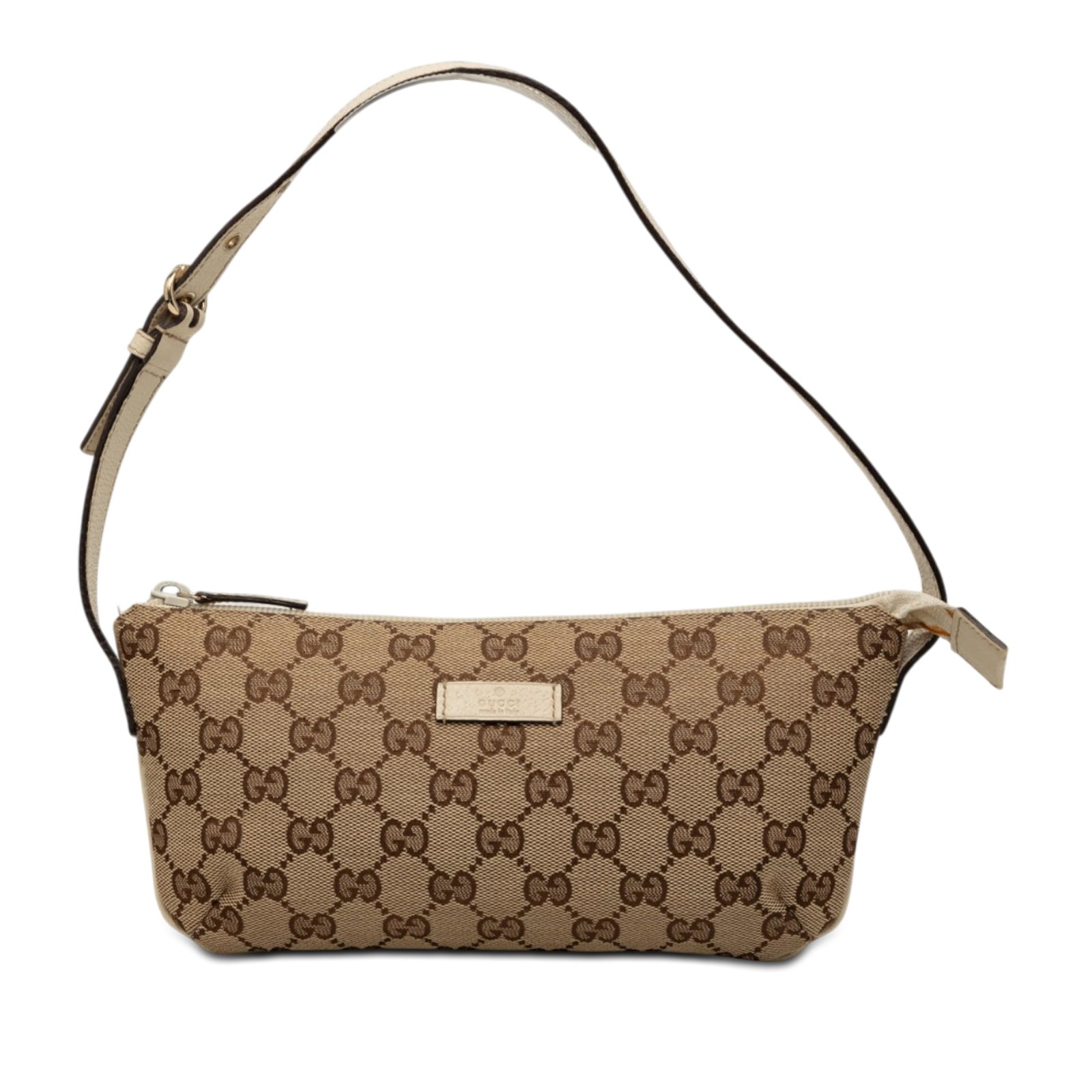 Gucci GG Canvas Bag Beige Leather Trim Shoulder Style: Gucci GG Canvas Bag Beige Leather Trim Shoulder Style Gucci GG Canvas shoulder bag in beige with leather trim and a flat leather strap. The design features a top zip closure and a compact silhouette. 