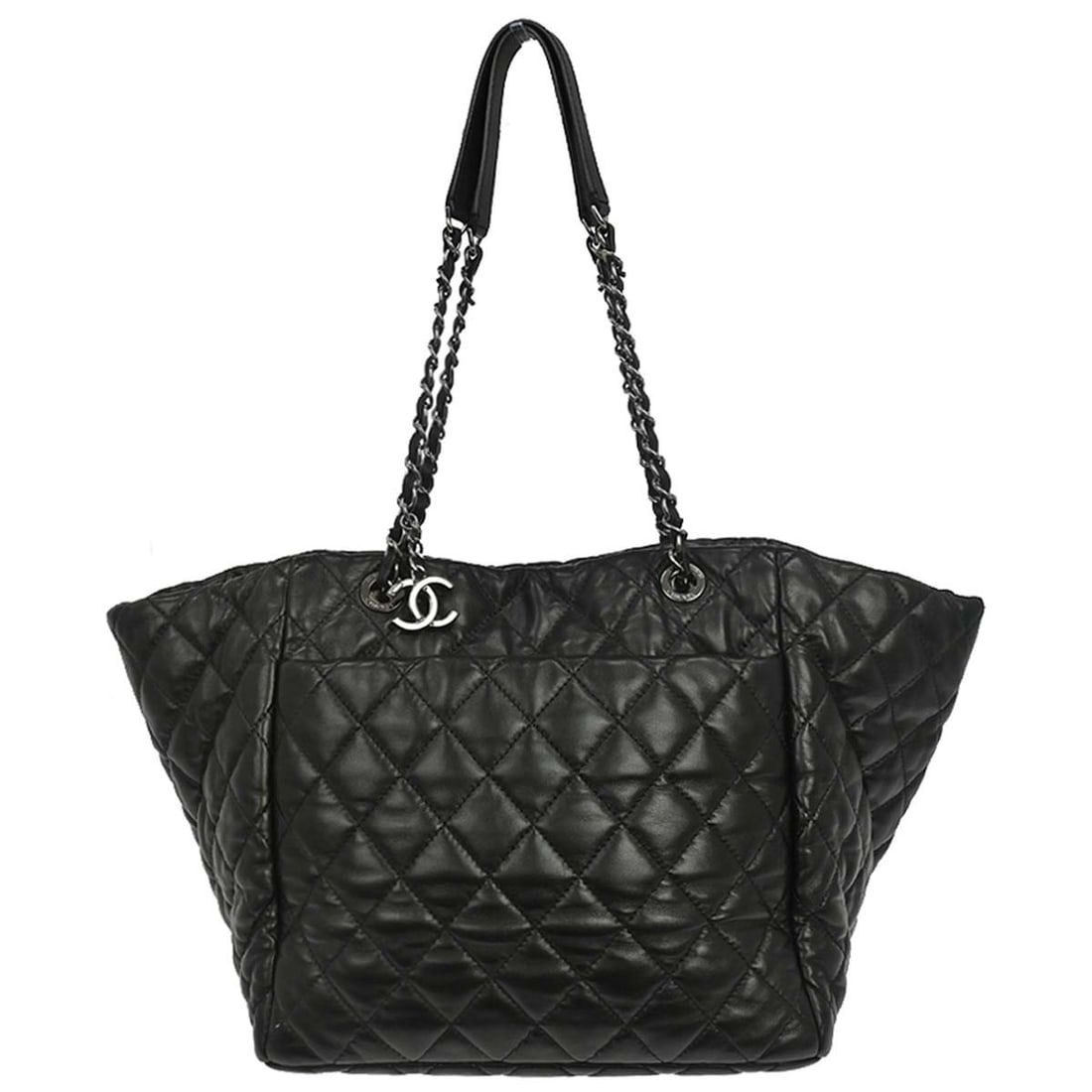 CHANEL black lambskin quilted tote shoulder bag with chain strap: CHANEL black lambskin quilted tote shoulder bag with chain strap Chanel Week End on Mars chain tote handbag in black quilted lambskin leather. This large women's shoulder bag features shoulder straps,