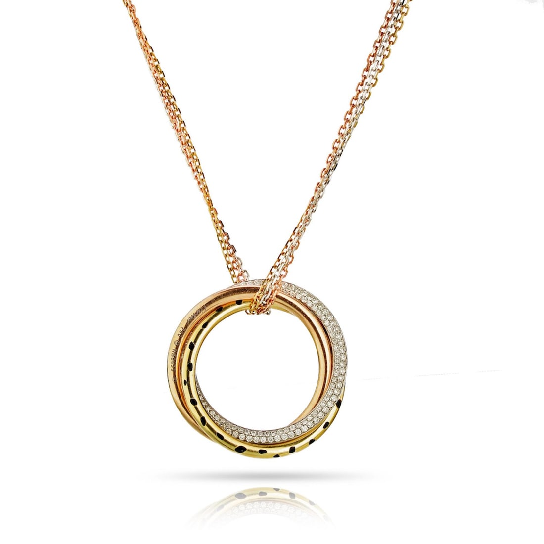 Cartier Trinity Pendant Necklace 18K Multi-Tone Gold Diamonds 0.88ct: Cartier Trinity Pendant Necklace 18K Multi-Tone Gold Diamonds 0.88ct This exquisite Cartier tri-color Trinity pendant necklace is a stunning statement piece crafted from 18K white, rose, and yellow go