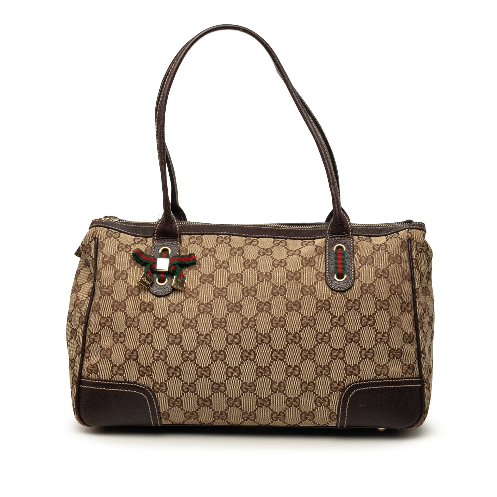 Gucci Princy GG Canvas Shoulder Bag with Leather Trim: Gucci Princy GG Canvas Shoulder Bag with Leather Trim Gucci GG Canvas Princy shoulder bag in beige with a canvas body and leather trim. It features flat leather shoulder straps, a top zip closure, and