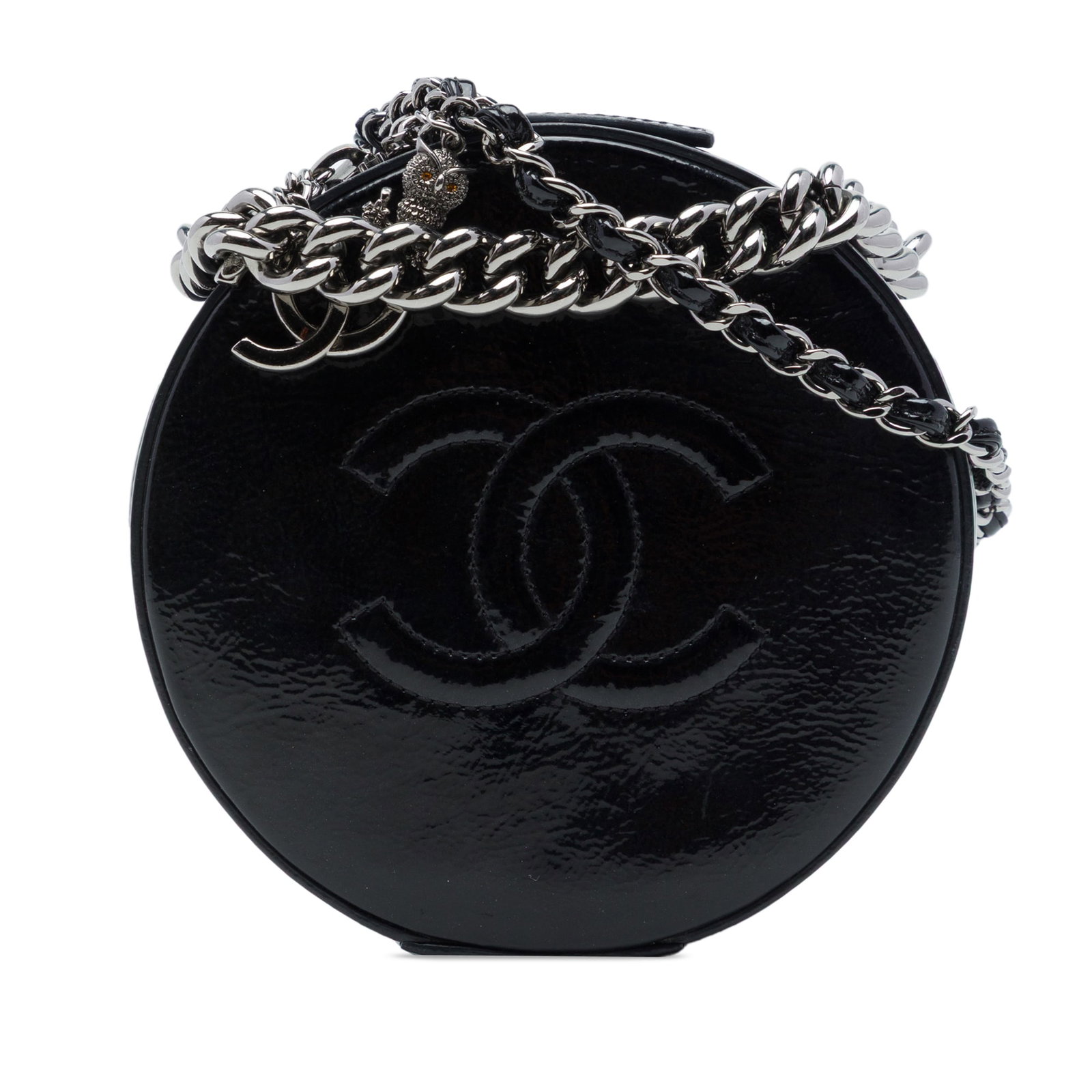 Chanel CC Round as Earth Patent Leather Satchel Black: Chanel CC Round as Earth Patent Leather Satchel Black Round satchel in black patent leather with a chain link handle, a detachable leather-woven chain link shoulder strap, a zip-around closure, and an