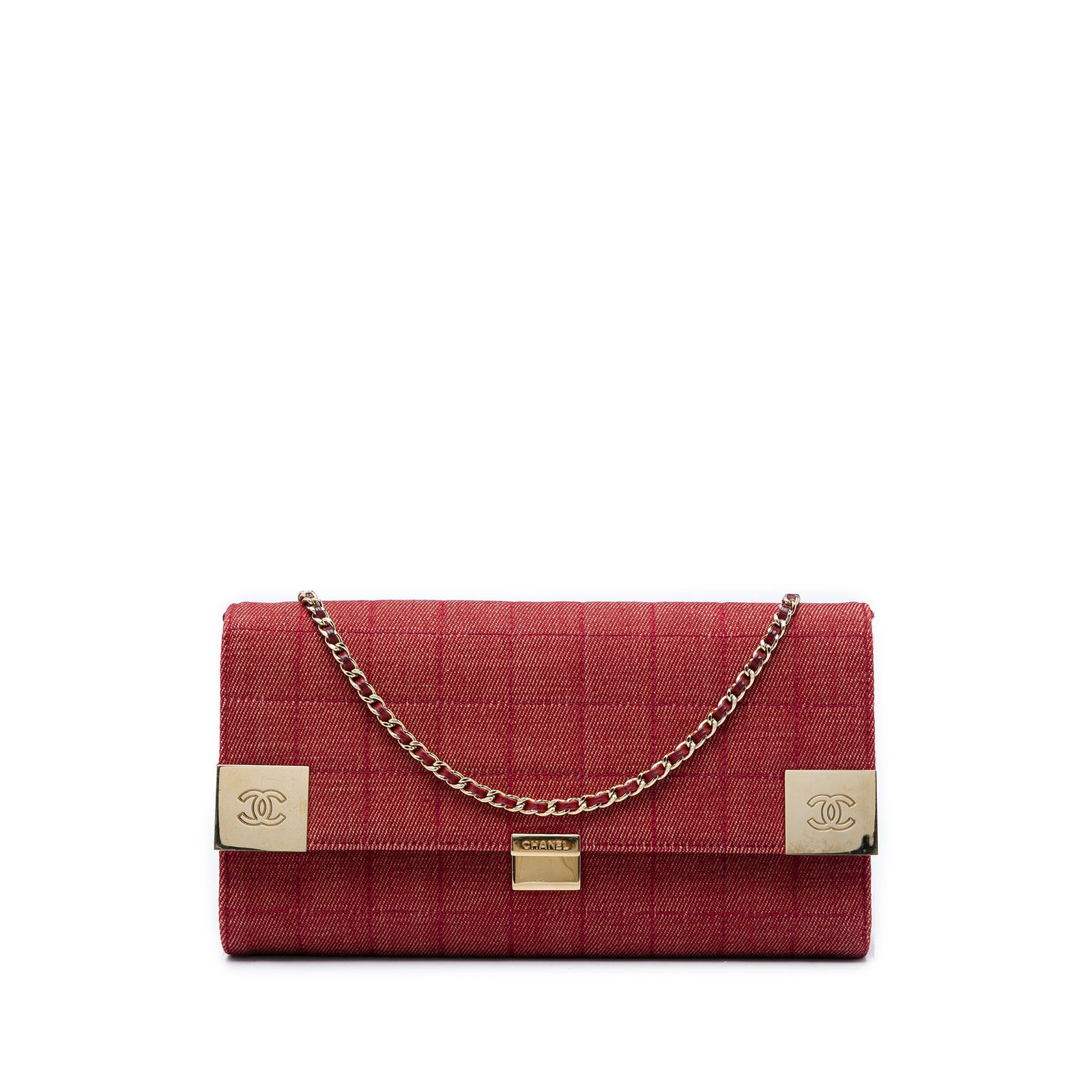 Chanel CC Chocolate Bar Red Denim Shoulder Bag: Chanel CC Chocolate Bar Red Denim Shoulder Bag A Chanel CC Chocolate Bar Denim Chain Flap shoulder bag crafted with a square quilted denim body and a leather-woven chain link shoulder strap. The flap 
