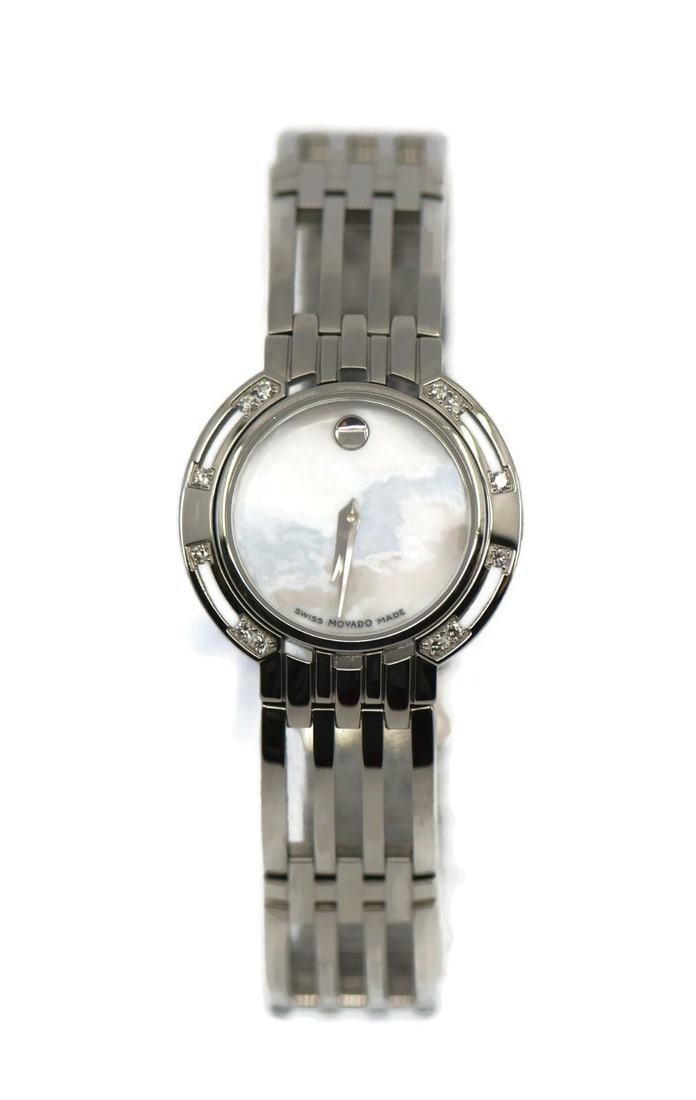 Movado Esperenza Womens Quartz Wristwatch Diamond Bezel Mother of Pearl Dial: Movado Esperenza Womens Quartz Wristwatch Diamond Bezel Mother of Pearl Dial Movado Esperenza women's wristwatch with a stainless steel case and bracelet, quartz movement, and a mother-of-pearl dial. 