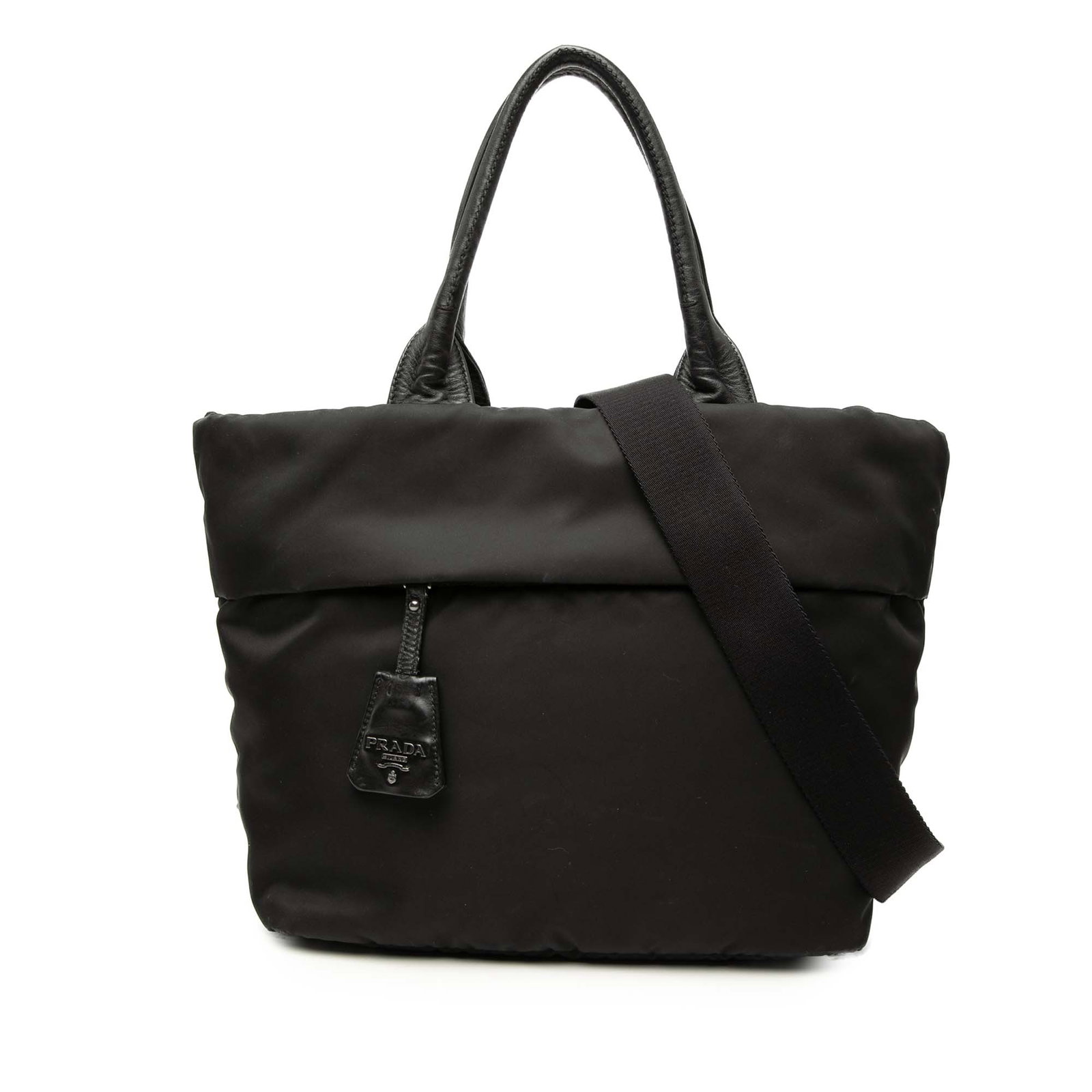 Prada Tessuto Satchel Reversible Nylon Handbag with Detachable Strap: Prada Tessuto Satchel Reversible Nylon Handbag with Detachable Strap Prada Tessuto Reversible Satchel in brown fabric with a nylon body, rolled leather top handles, a detachable flat strap, open top, 