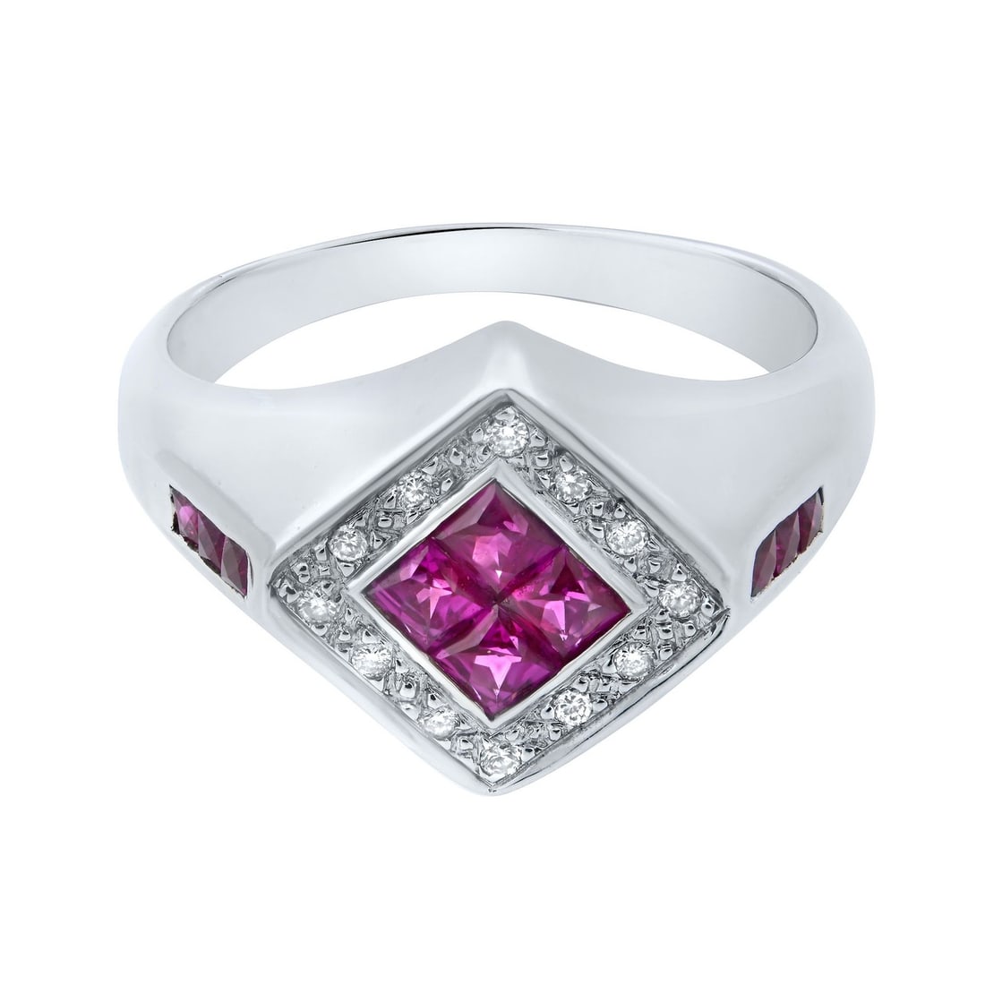 Rachel Koen Ruby Diamond Ring 14K White Gold Size 7 Elegant Design: Rachel Koen Ruby Diamond Ring 14K White Gold Size 7 Elegant Design This exquisite Rachel Koen ladies' ring features a stunning design crafted in 14K white gold. At its center, it showcases four prince