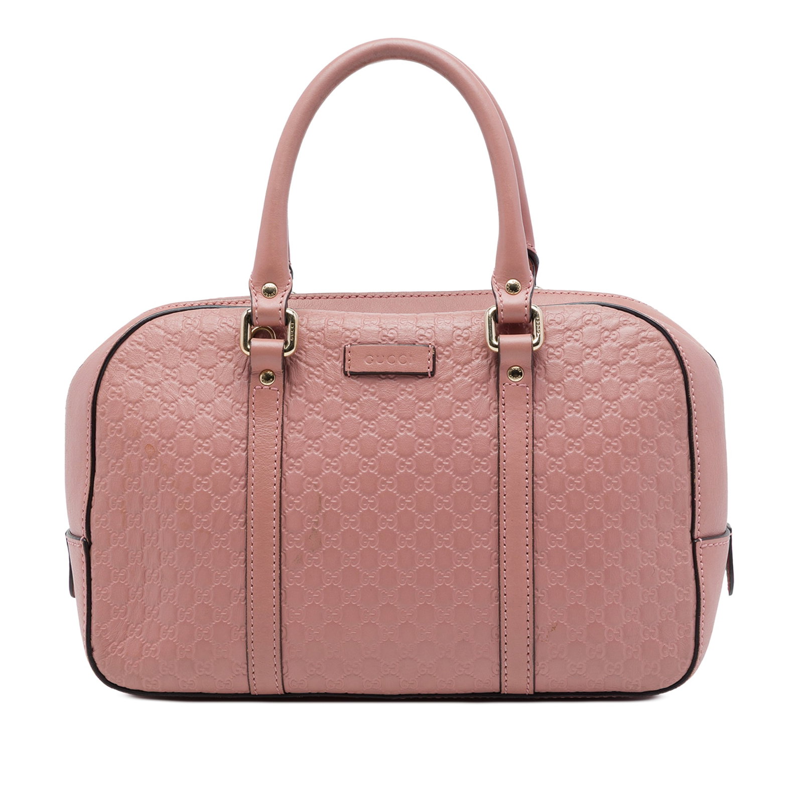 Pink Leather Top Zip Satchel Gucci Small Microguccissima: Pink Leather Top Zip Satchel Gucci Small Microguccissima A Gucci Small Microguccissima Satchel in pink embossed leather. This satchel features rolled leather handles, a top zip closure, and an interio