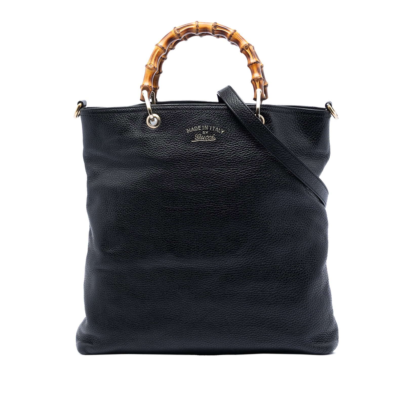 Gucci Bamboo Shopper Tote in Black Pebbled Calfskin: Gucci Bamboo Shopper Tote in Black Pebbled Calfskin This Gucci Tall Leather Bamboo Shopper Tote is crafted from black leather and features distinctive bamboo handles, a detachable flat leather strap, 