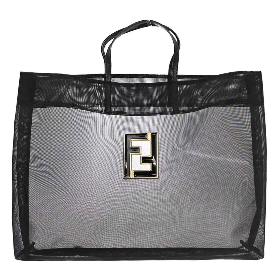 Fendi Zucca Large Black Nylon Tote Bag with Dust Bag: Fendi Zucca Large Black Nylon Tote Bag with Dust Bag Large Fendi tote handbag in black nylon mesh with leather trim and double handles. The bag features the Fendi Zucca pattern, logo accents, and an o