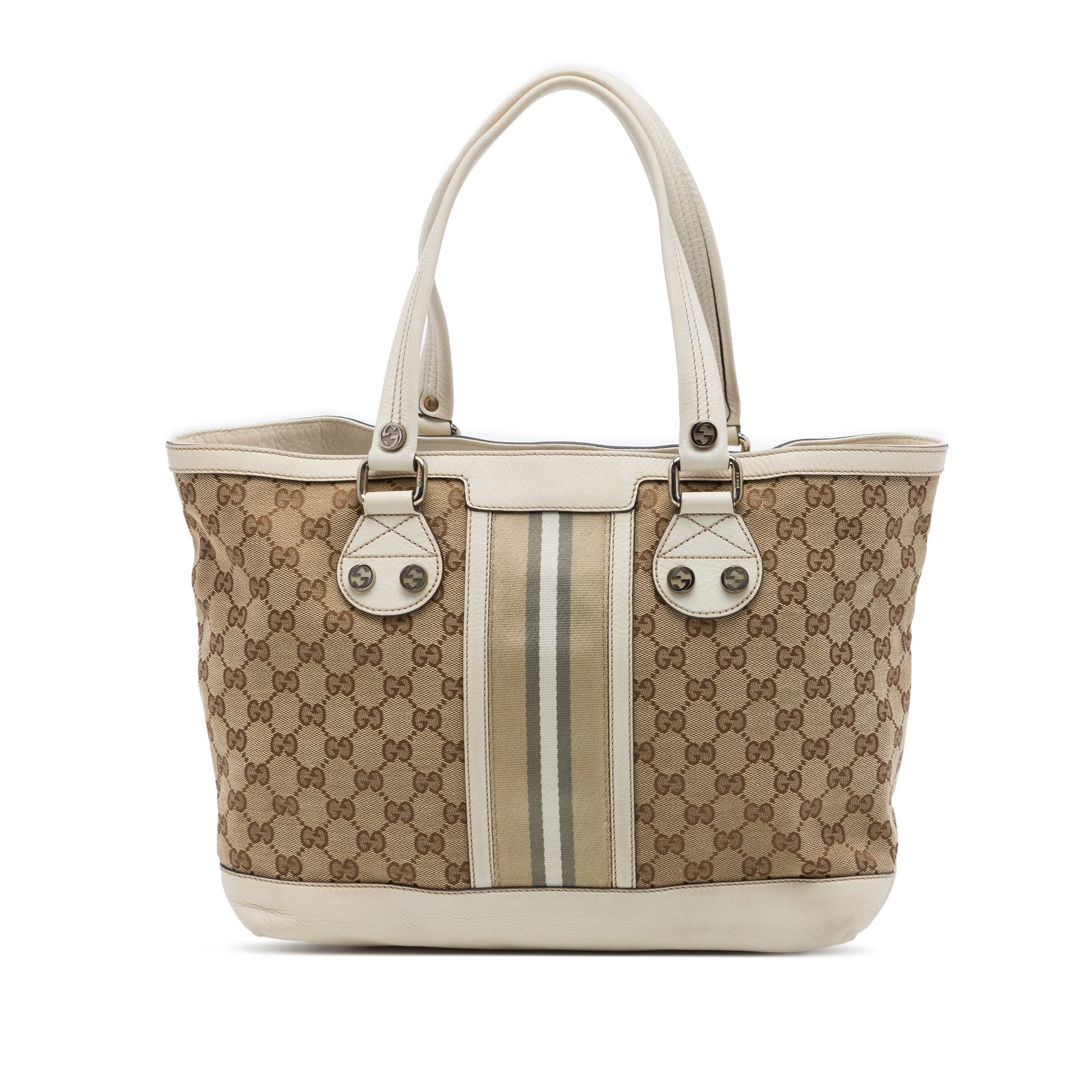 Gucci Libeccio Sunset Small Tote in GG Canvas with Web Trim: Gucci Libeccio Sunset Small Tote in GG Canvas with Web Trim This Gucci Sunset tote is crafted with a GG canvas body, leather trim, and web detailing. It features flat leather handles, an open top with