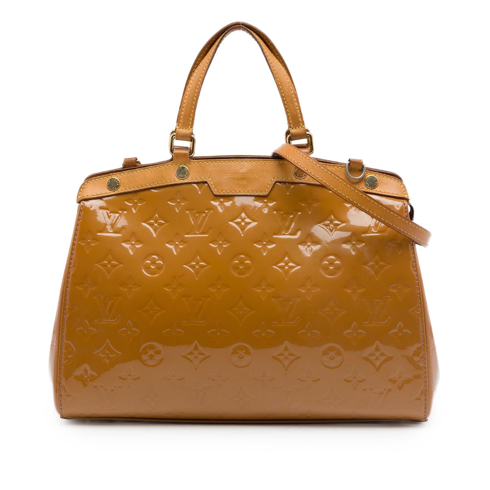 Louis Vuitton Brea MM Monogram Vernis Leather Satchel Bag: Louis Vuitton Brea MM Monogram Vernis Leather Satchel Bag This Louis Vuitton Monogram Vernis Brea MM handbag is crafted in yellow leather and features flat vachetta leather handles, a detachable leath